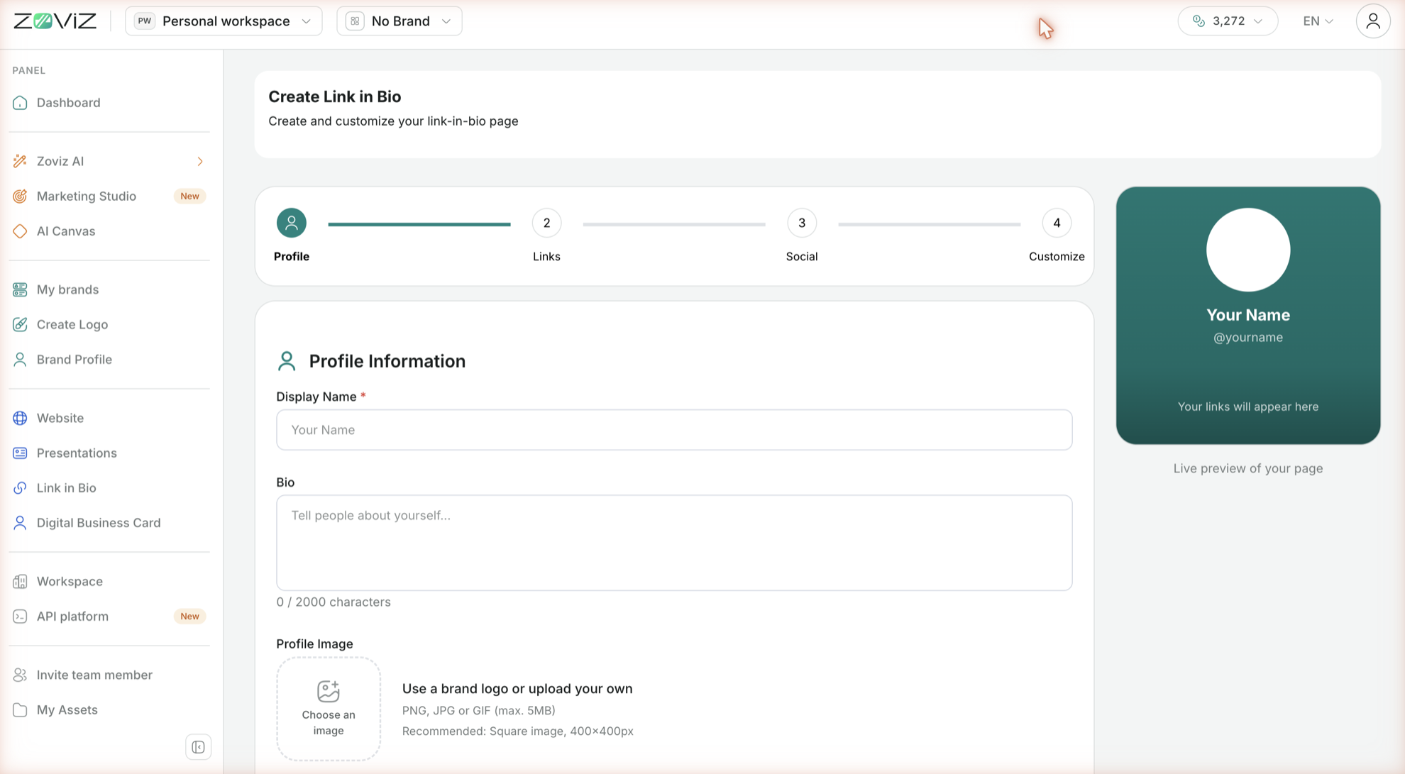Create Link in Bio — the Profile step, with the live preview on the right
