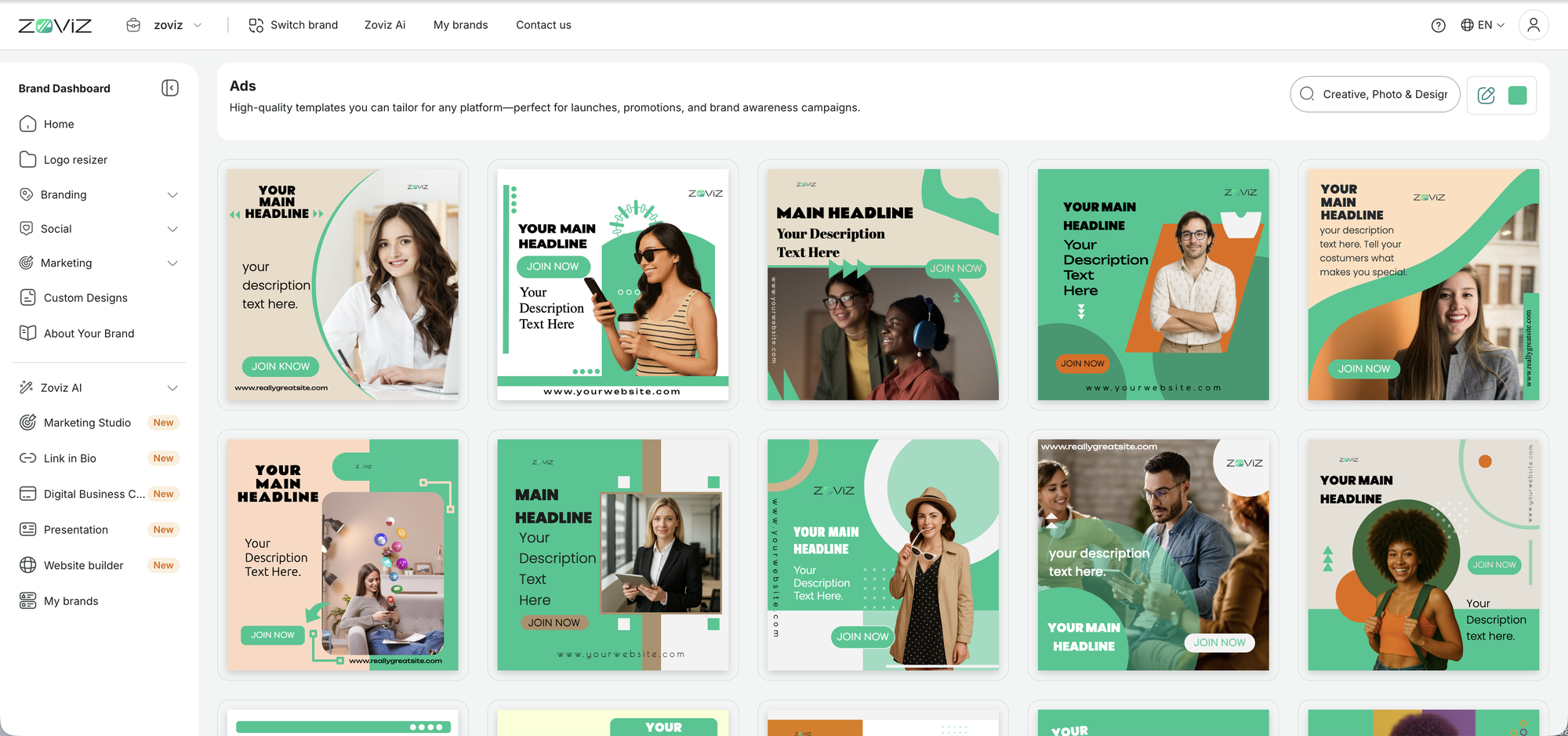 The Ads gallery — display and social ad templates in your brand