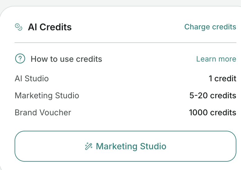 Credit costs at a glance — from the Panel's AI Credits card