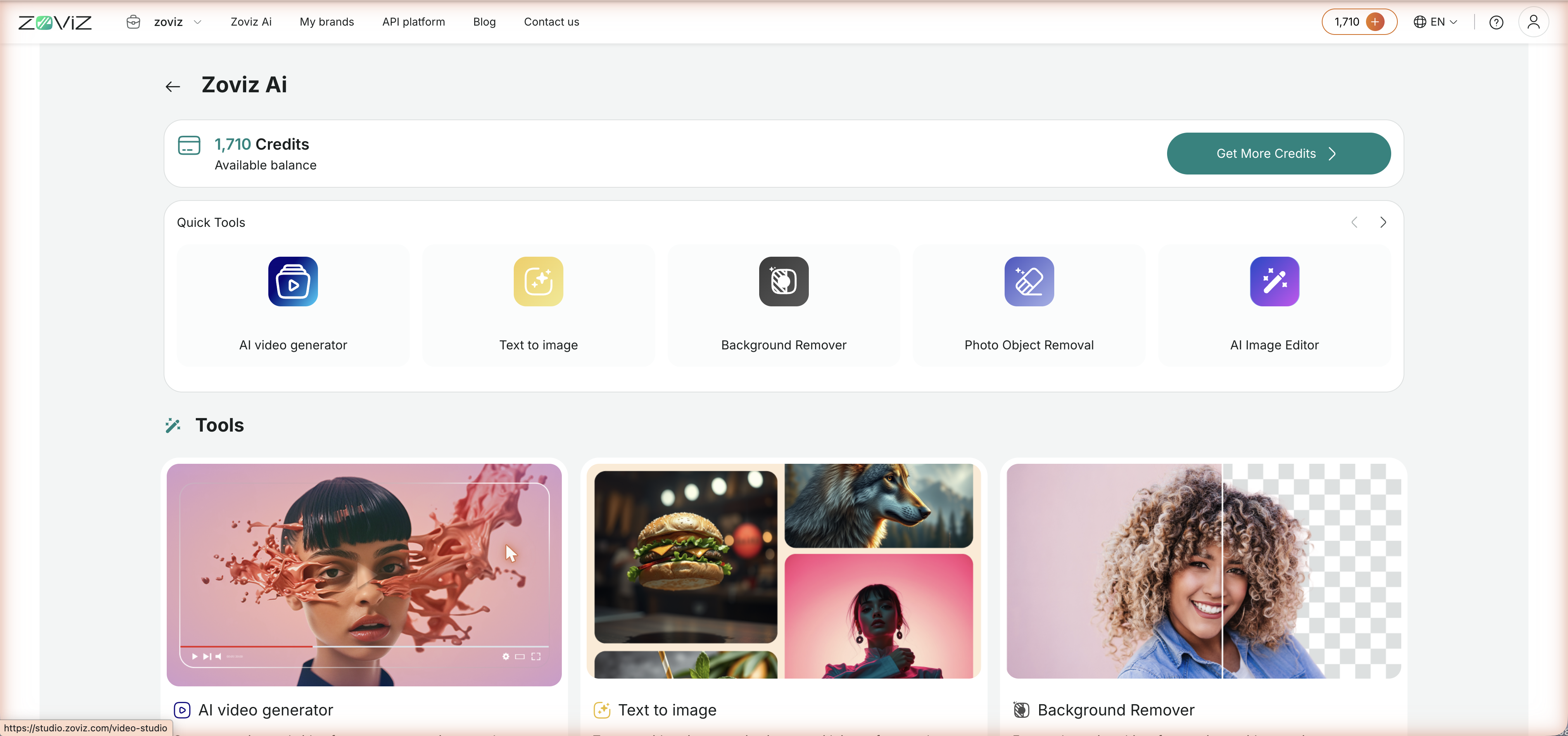 The Zoviz Ai hub — balance, quick tools, and the full tool list