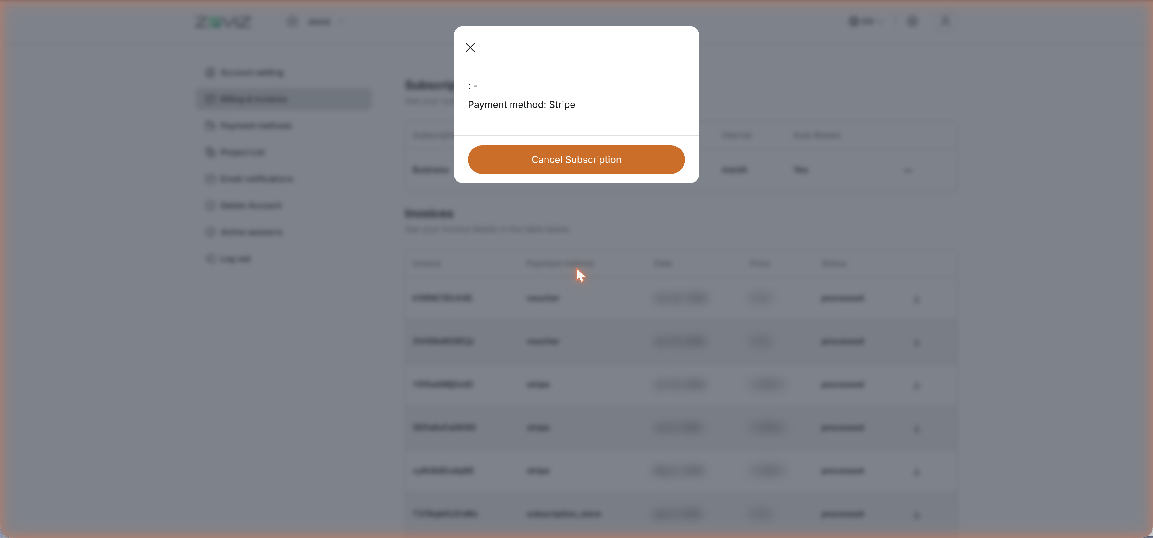 The subscription details dialog with the Cancel Subscription button