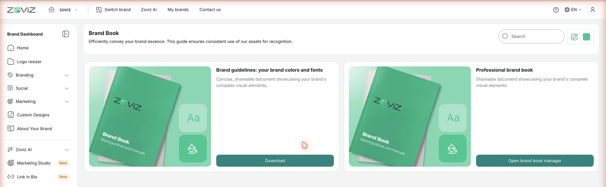 The Brand Book page — quick guidelines or the professional brand book
