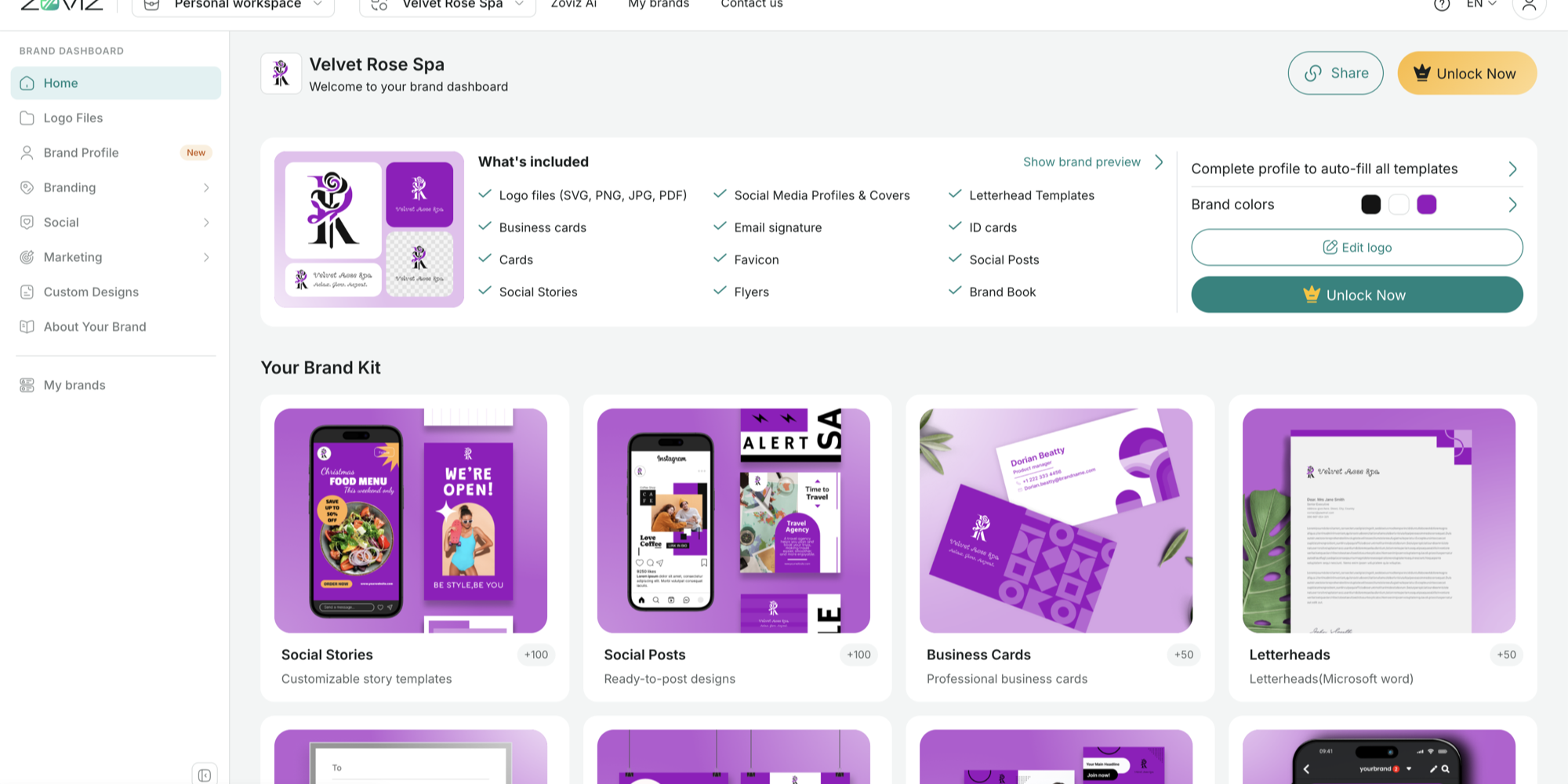 The Brand Dashboard — kit checklist, brand colors, and the asset grid