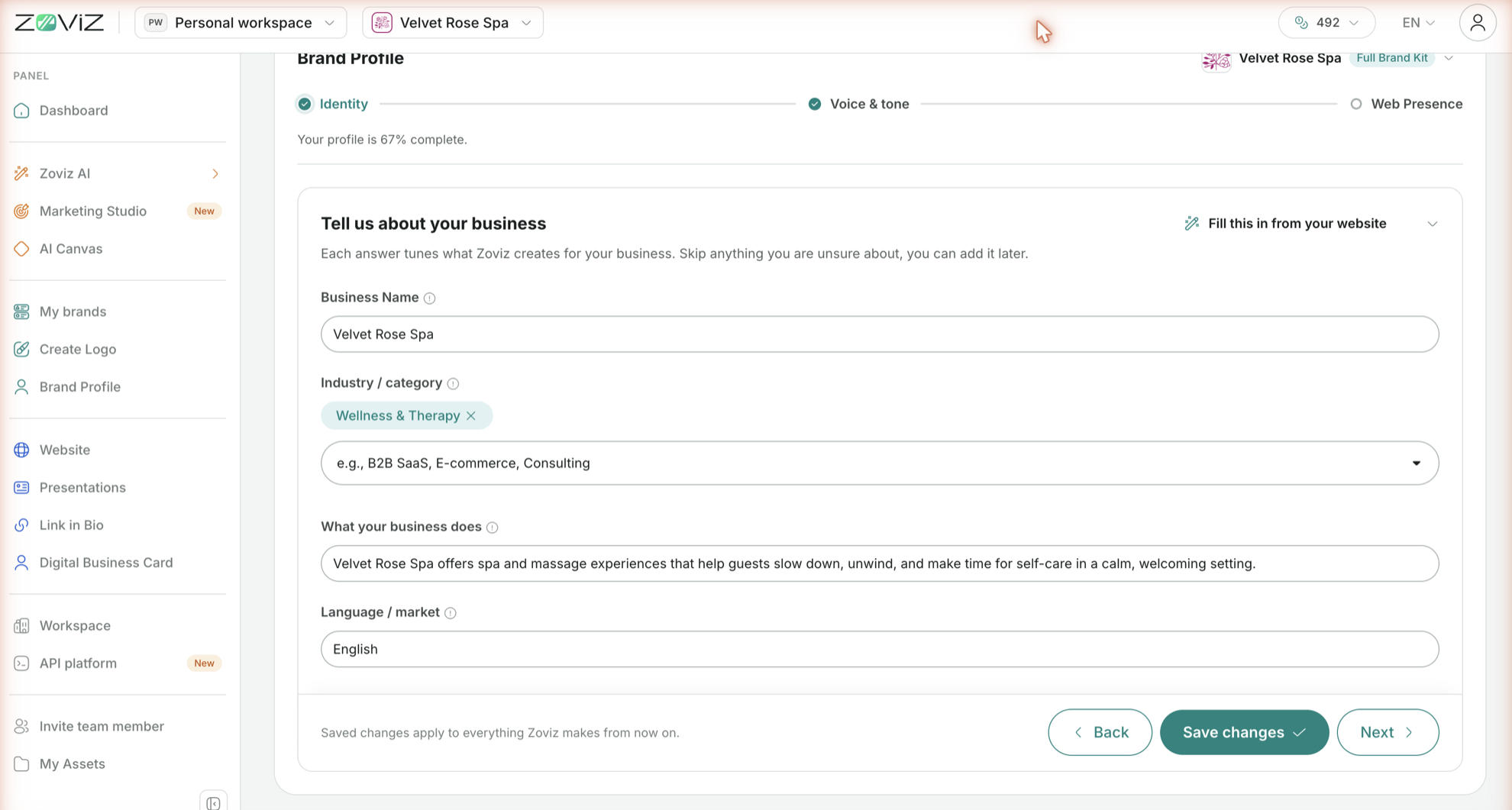 Brand Profile — Identity step, with the Fill this in from your website panel open