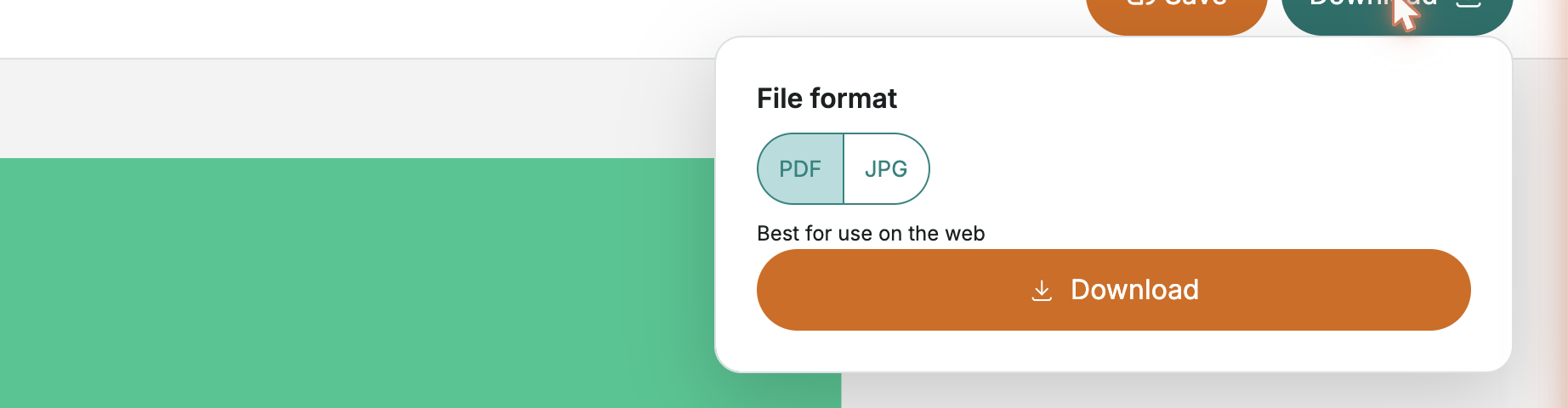 Export — choose PDF for print or JPG for web