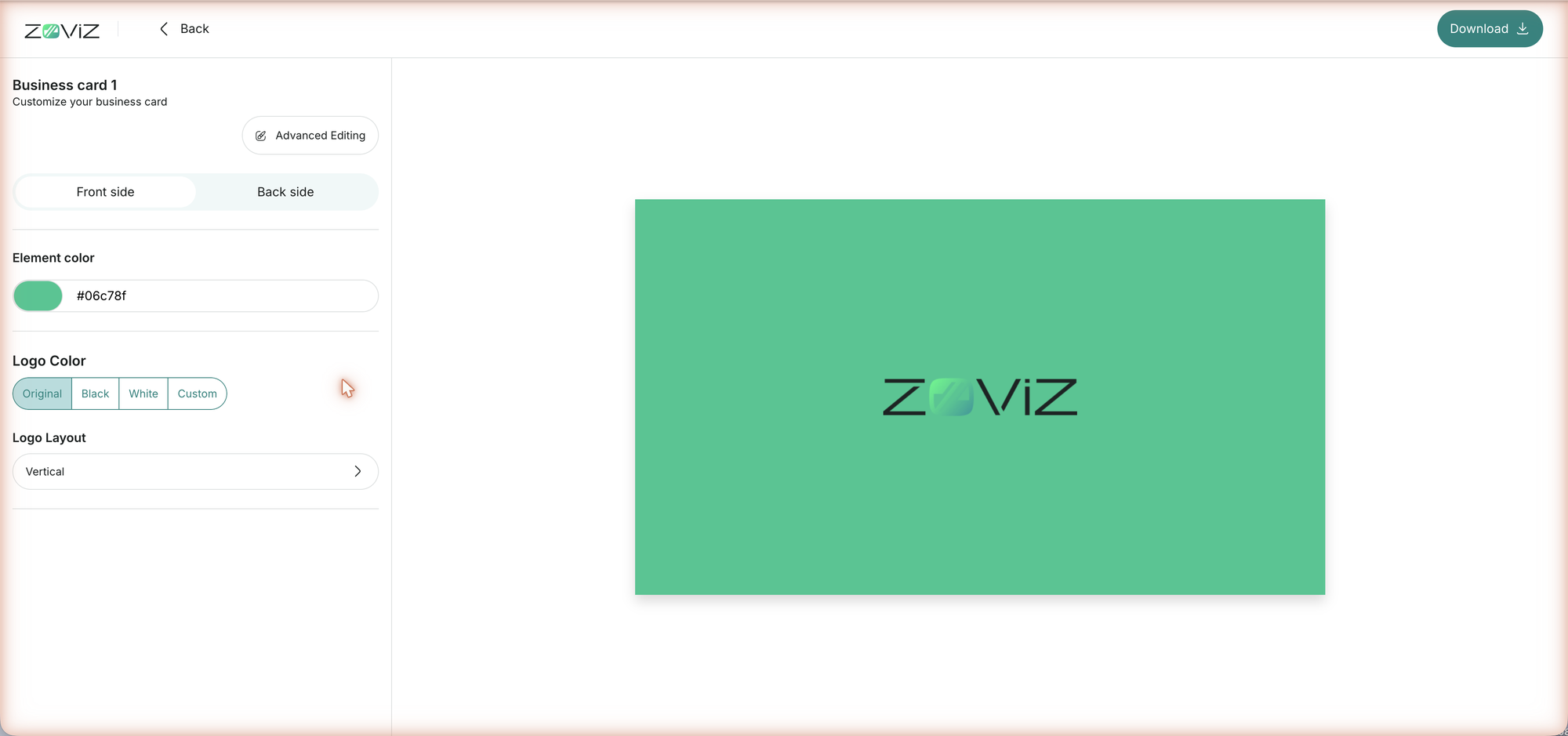 The quick editor — sides, colors, and logo layout