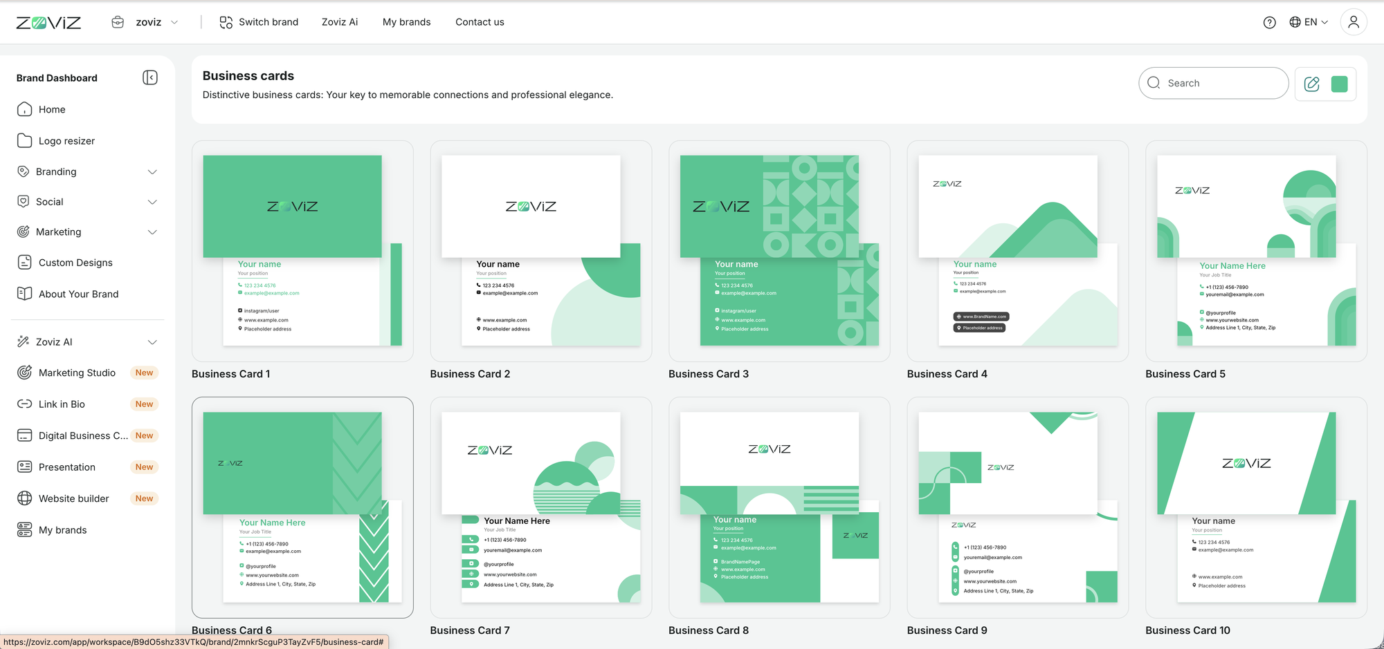 The Business Cards gallery — every template already in your brand