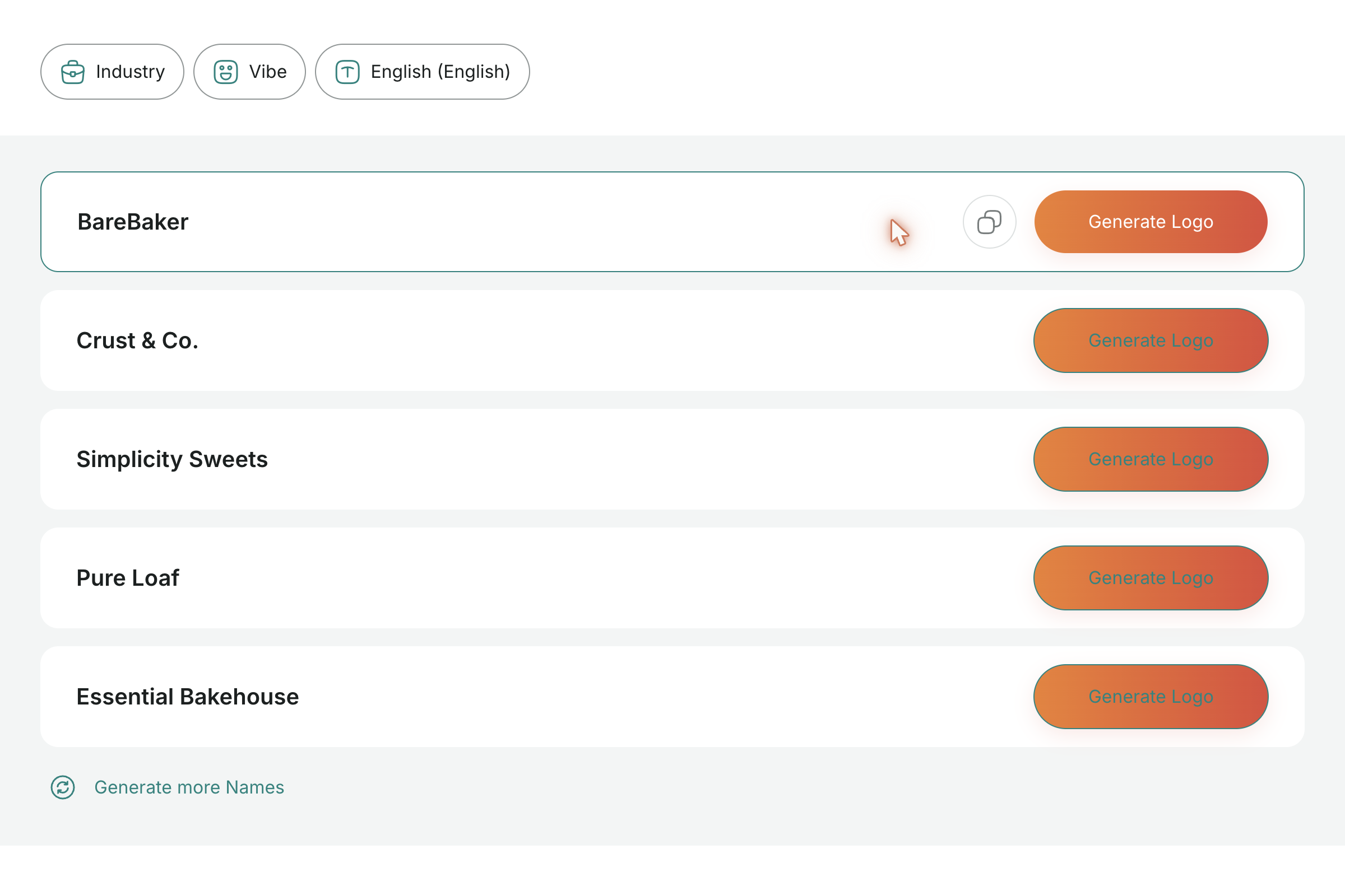 The generator's results — each name can be copied or turned into a logo