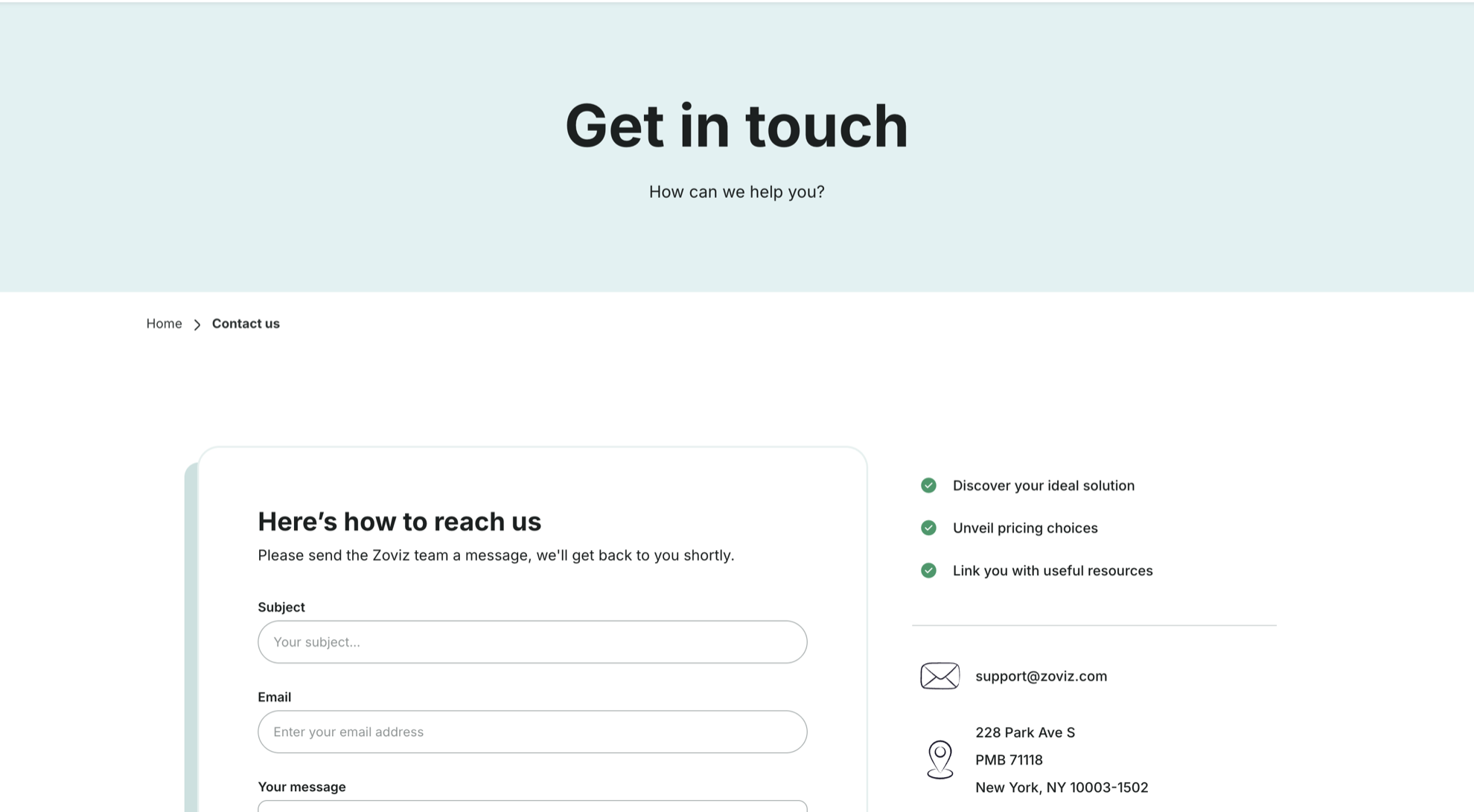 The Contact us page — the message form, support@zoviz.com, and the postal address