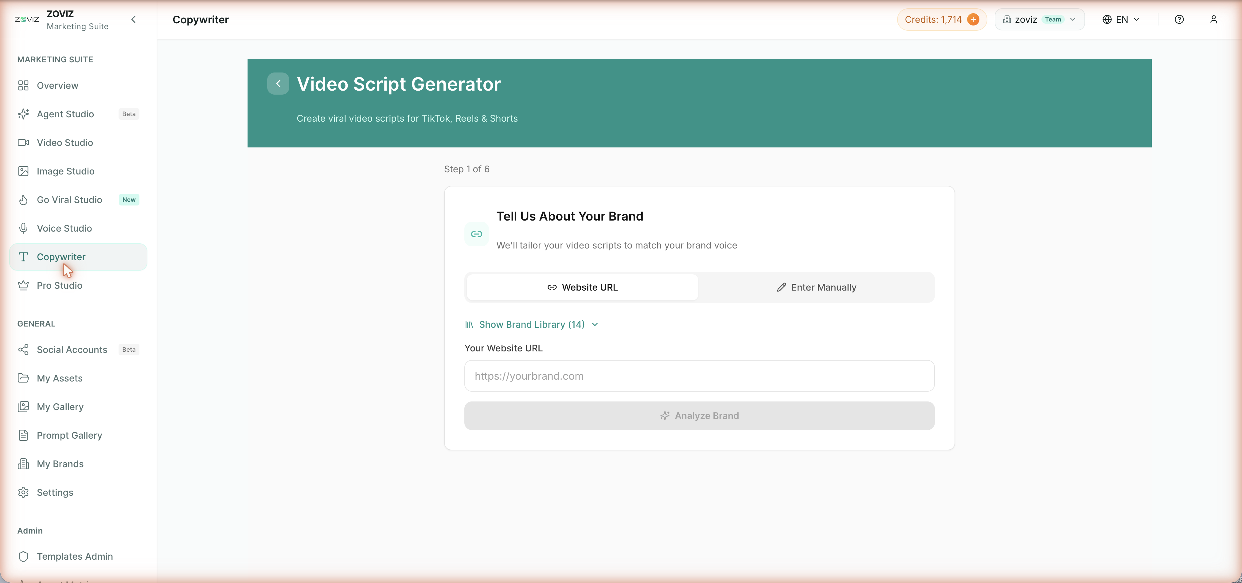 Step 1 of the Video Script Generator — brand analysis from your website URL