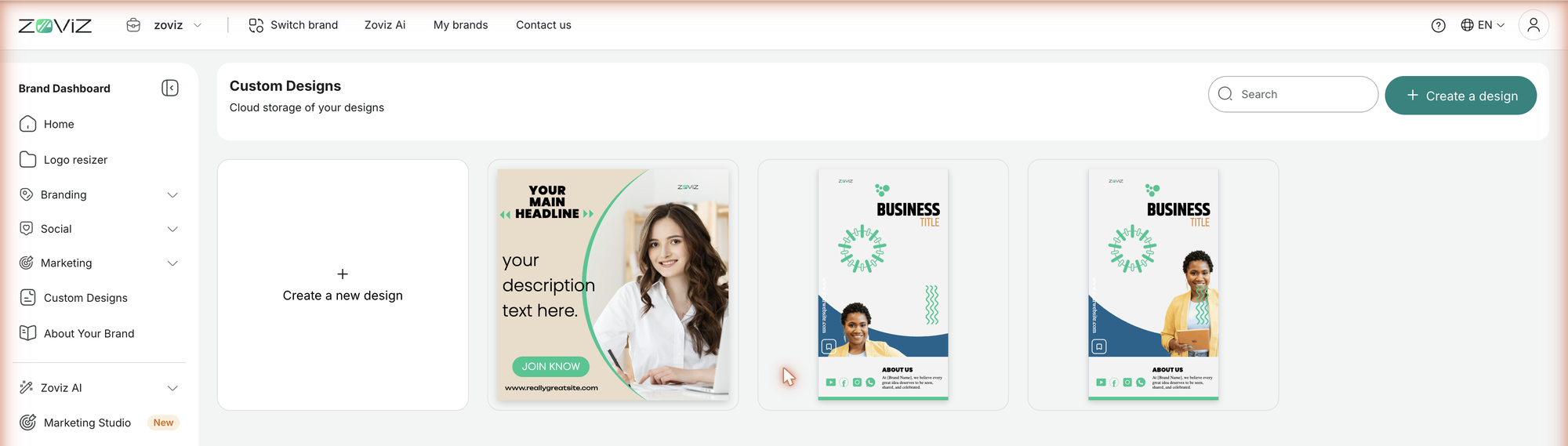 Custom Designs — your saved work, plus Create a new design