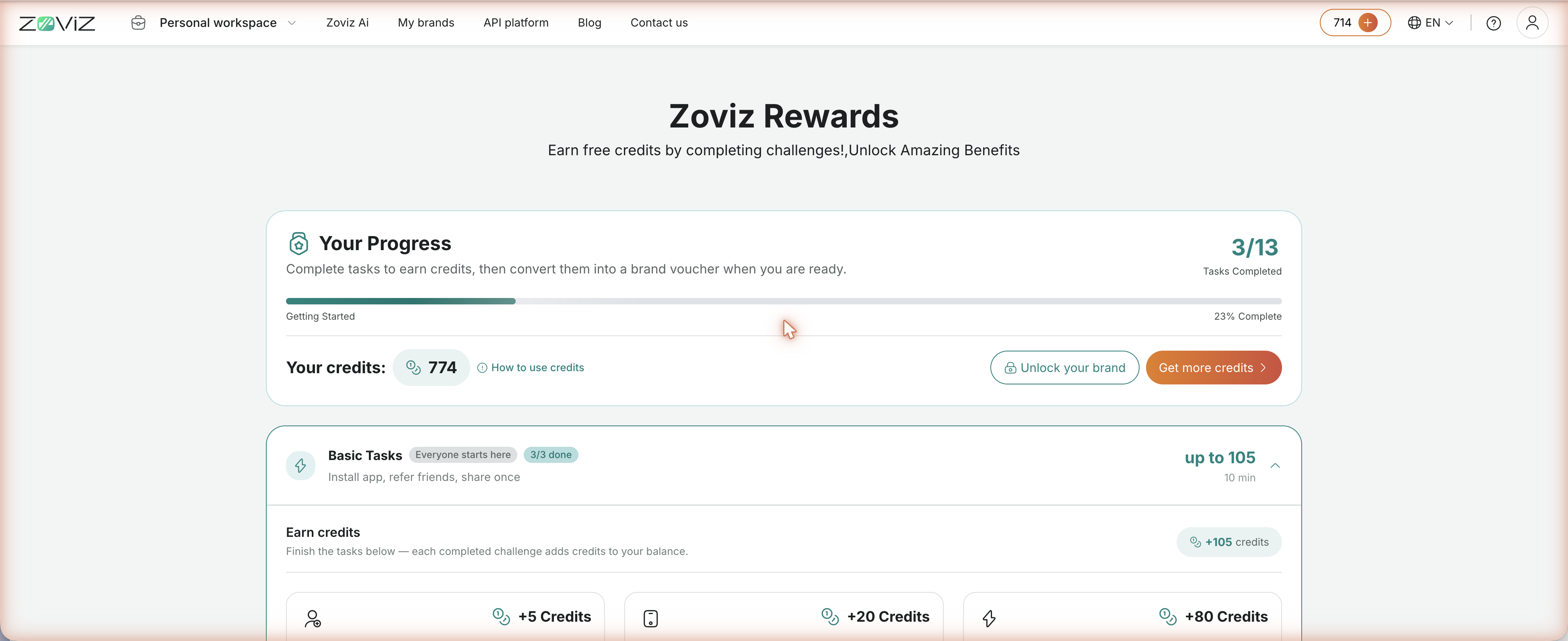 Zoviz Rewards — your task progress, credit balance, and the challenge tiers