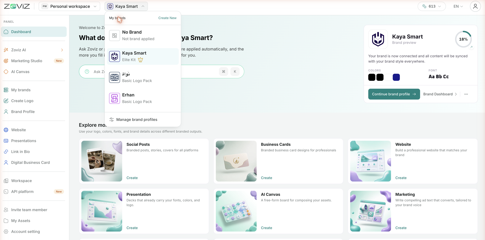 The brand switcher in the dashboard's top bar — your brands, No Brand, Create New, and Manage brand profiles