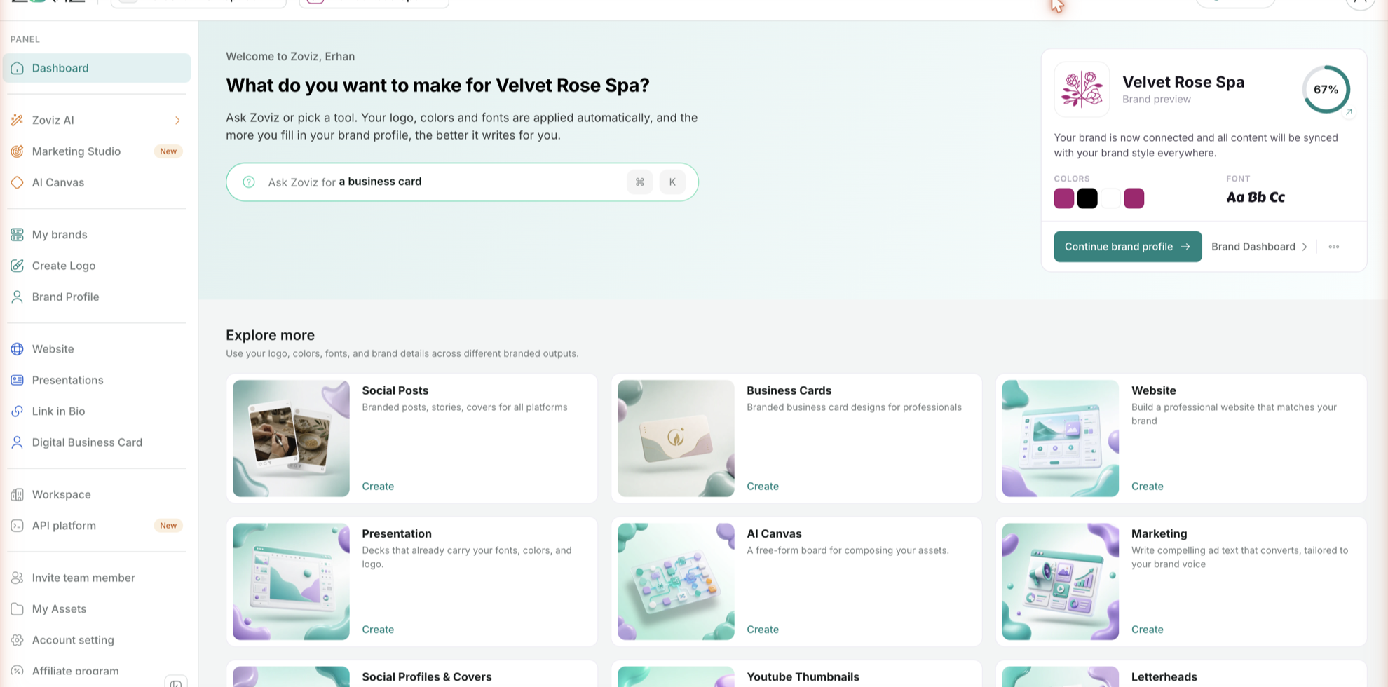 The dashboard with a brand selected — Ask Zoviz box, brand card with completion ring, and the Explore more grid