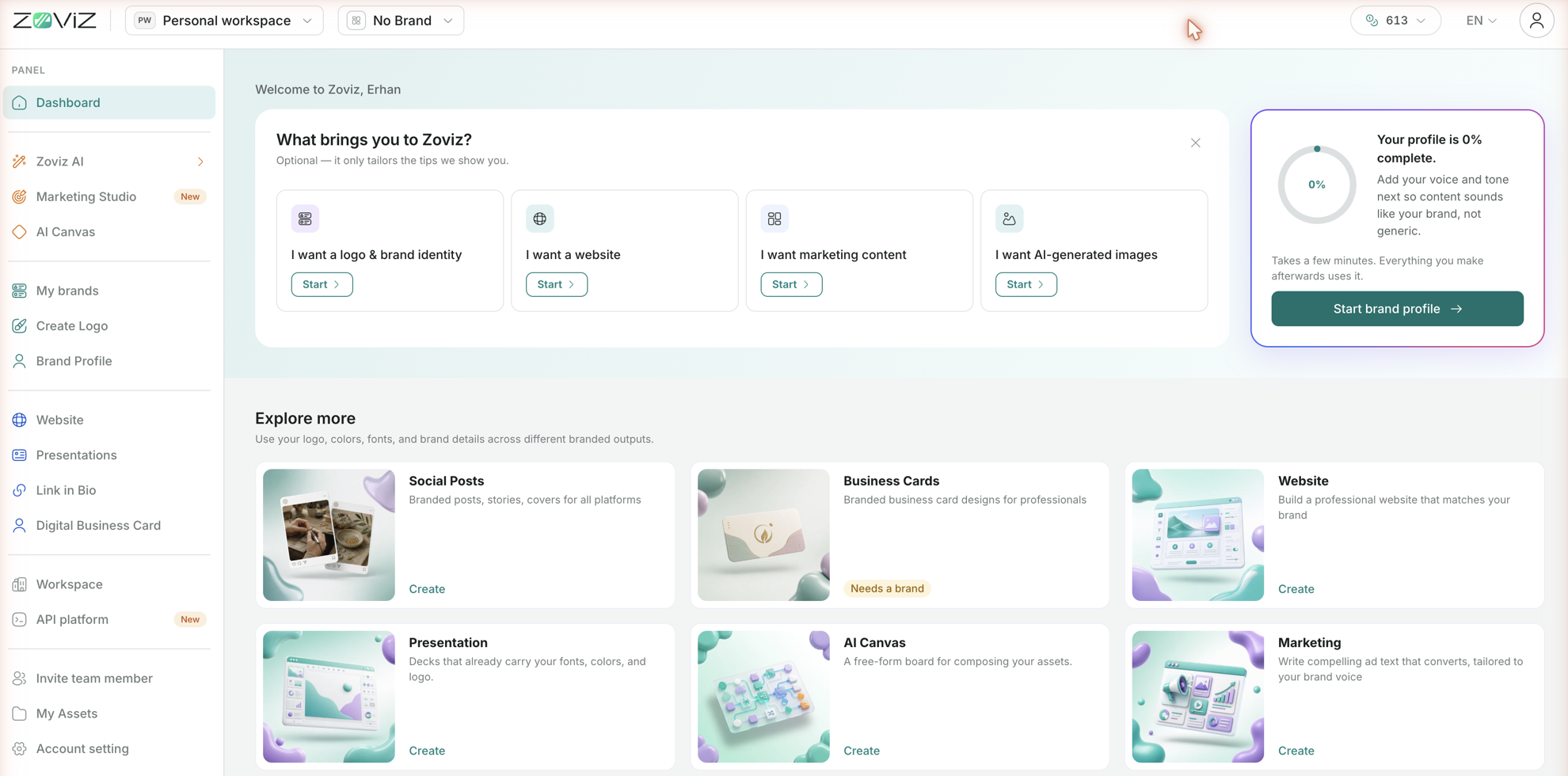 The dashboard with no brand — intent cards, the profile card, and "Needs a brand" on the brand-only tools