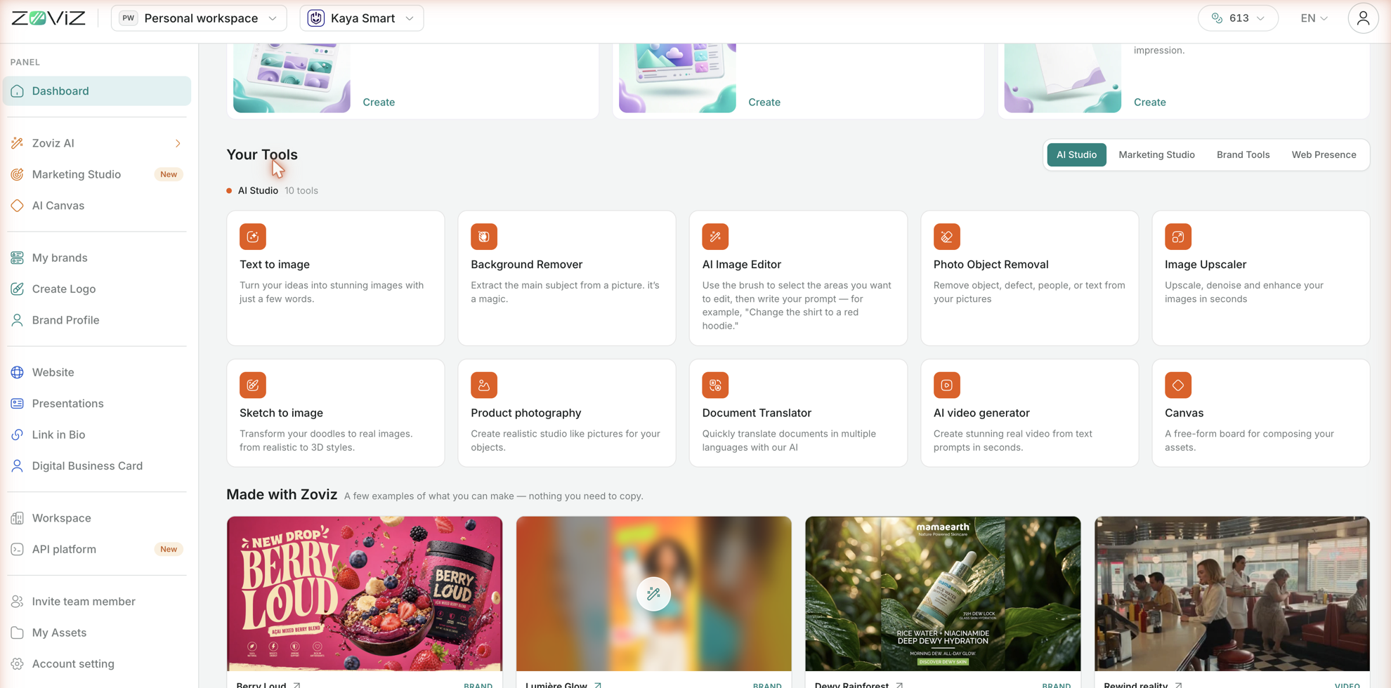 Your Tools — the AI Studio tab, and the Made with Zoviz examples below