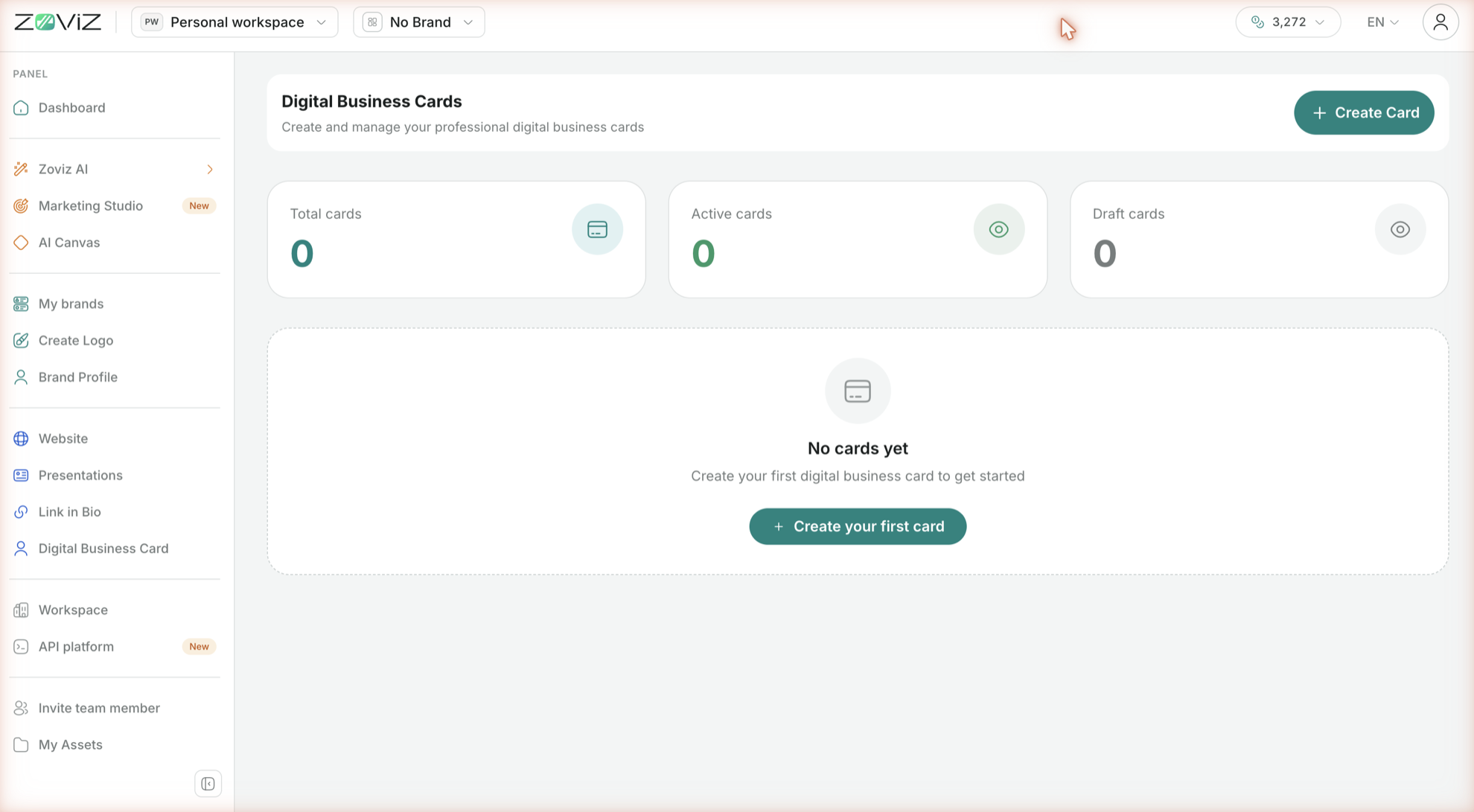Digital Business Cards — total, active, and draft cards, with Create Card