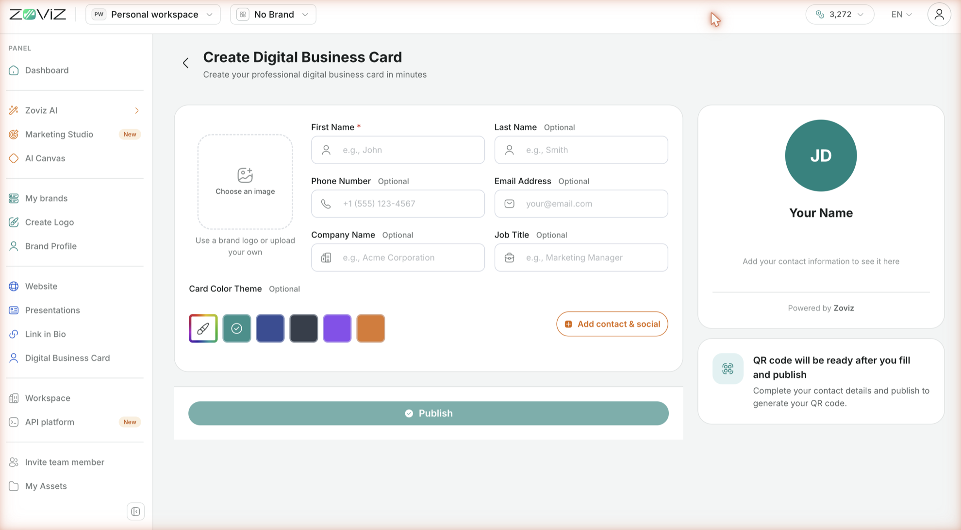 Create Digital Business Card — the form, the card preview, and the QR code note