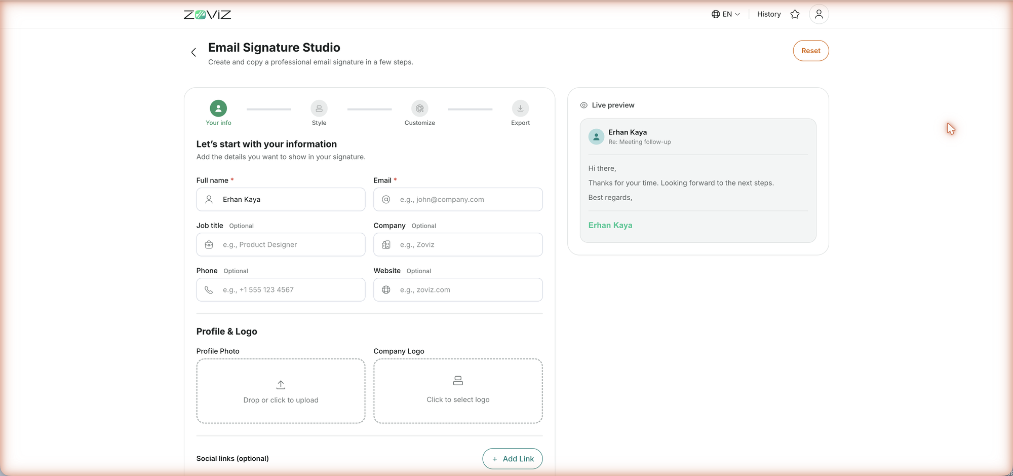 The Email Signature Studio — four steps with a live preview