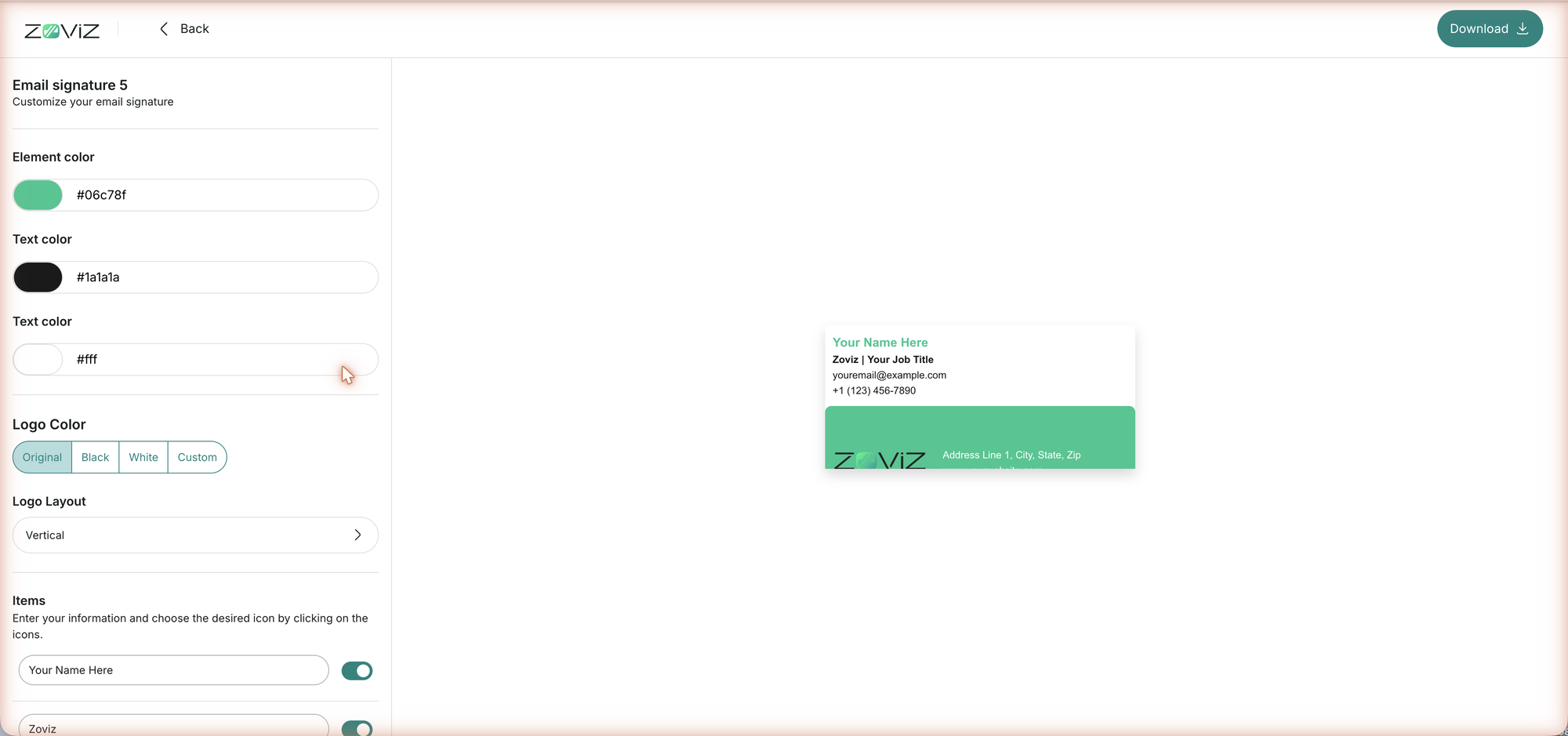 A ready-made template in the quick editor