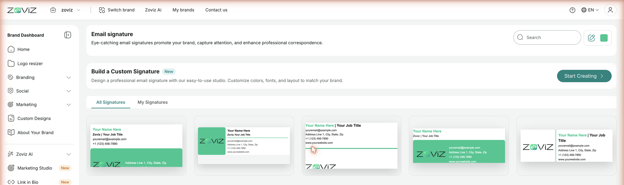 The Email Signature page — ready-made templates and the custom studio