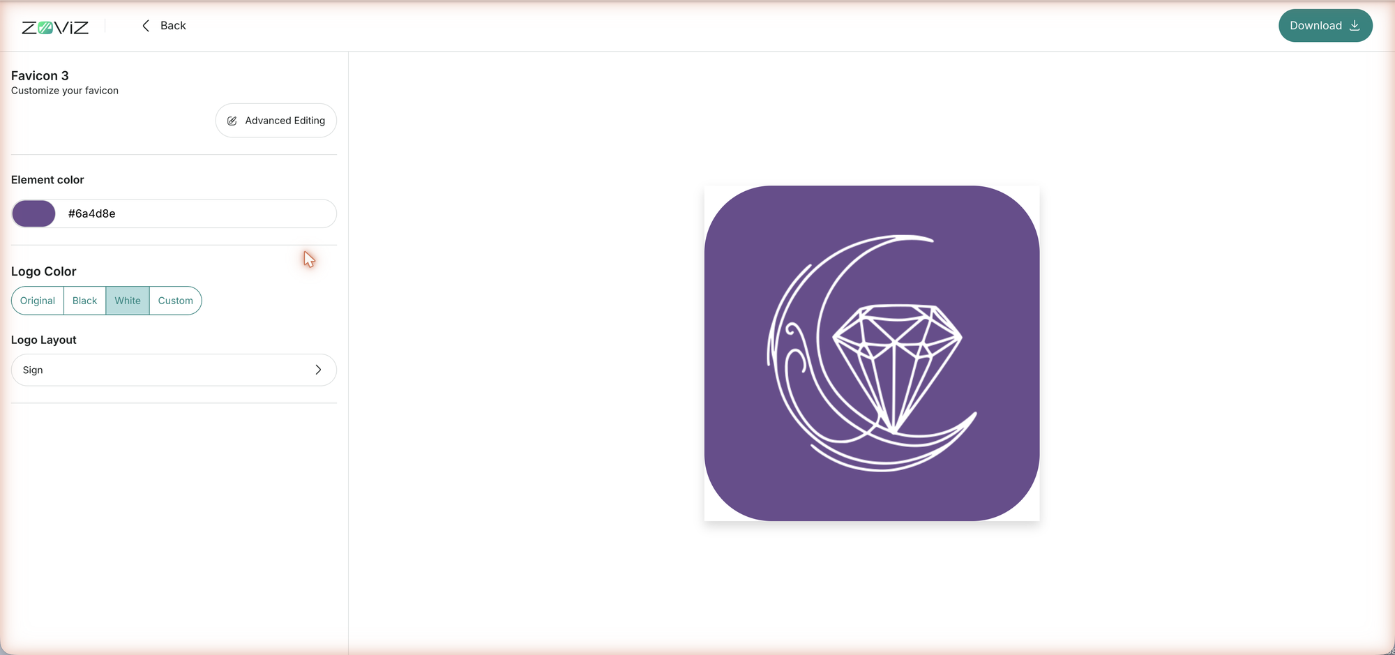 The favicon editor — background color, logo color, and layout