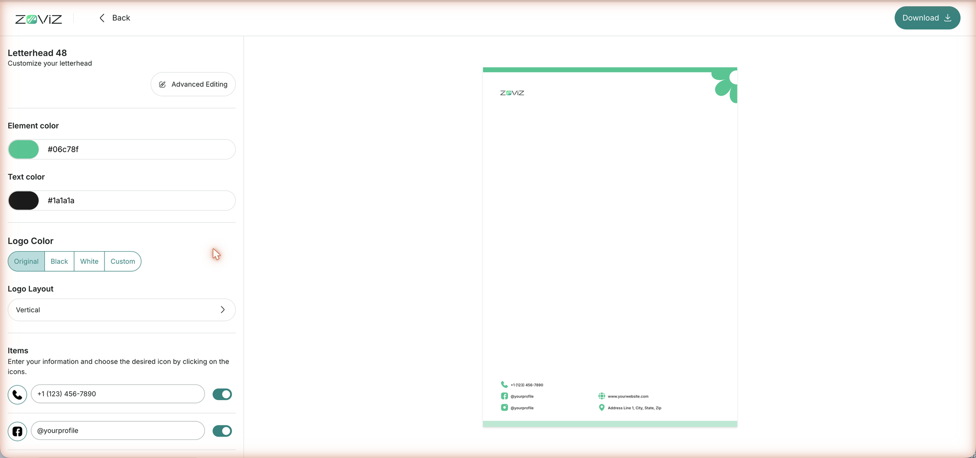 The quick editor — colors, logo, and the Items list with icon pickers and toggles