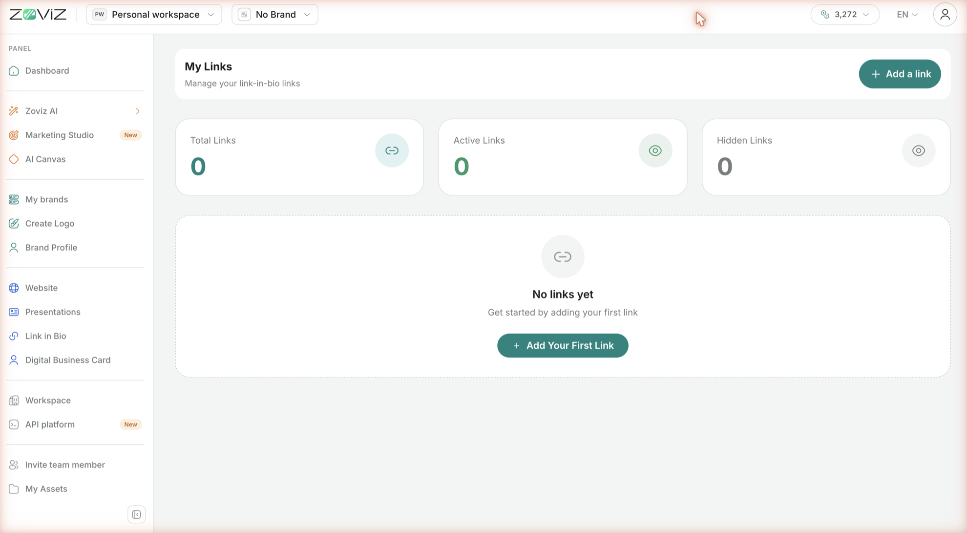 My Links — total, active, and hidden links, with Add a link