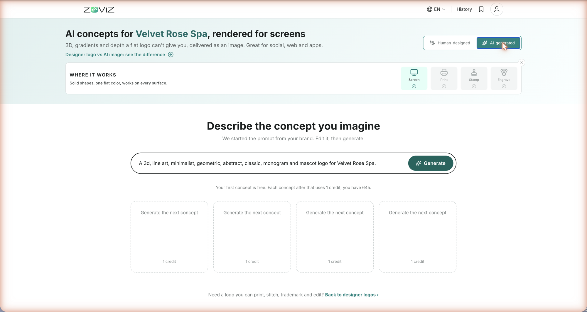 AI-generated — describe the concept and generate; the first is free, then 1 credit each