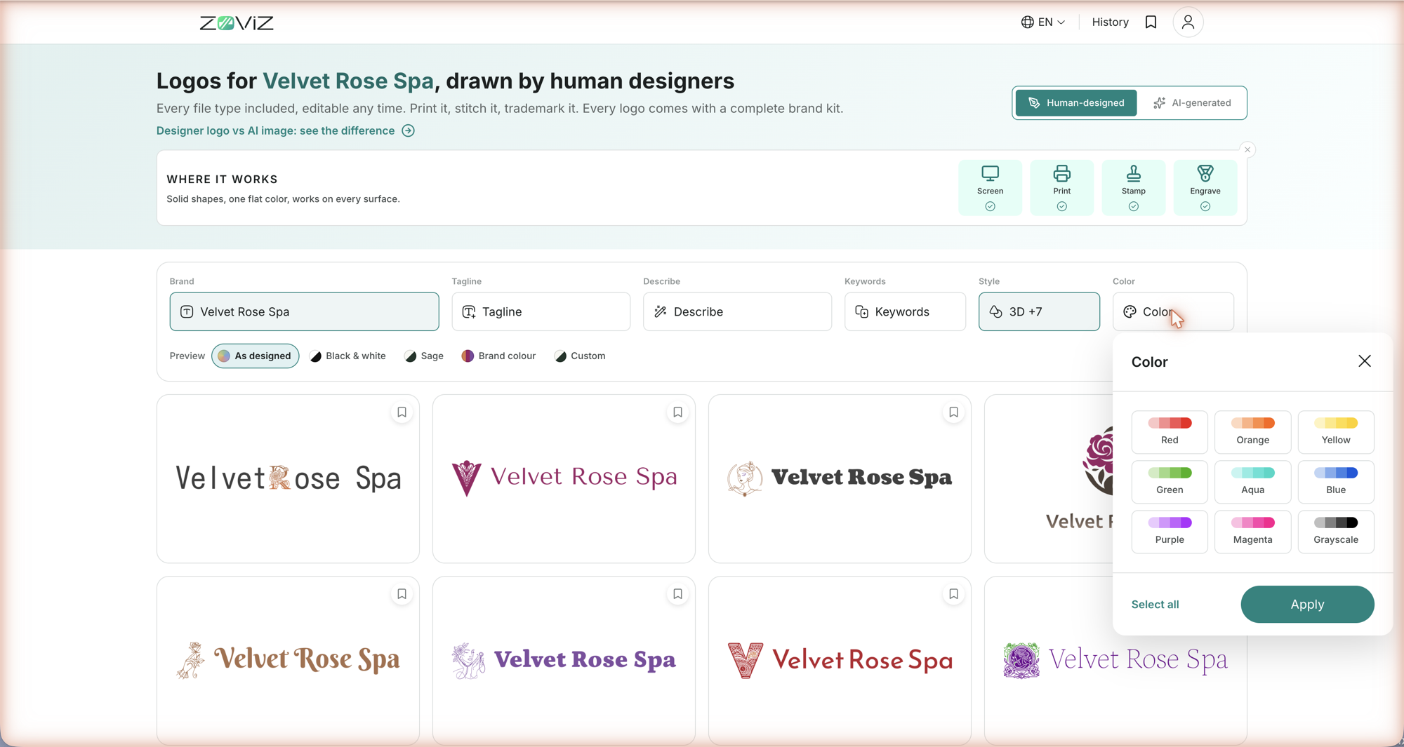 Color — nine color ranges, or Select all