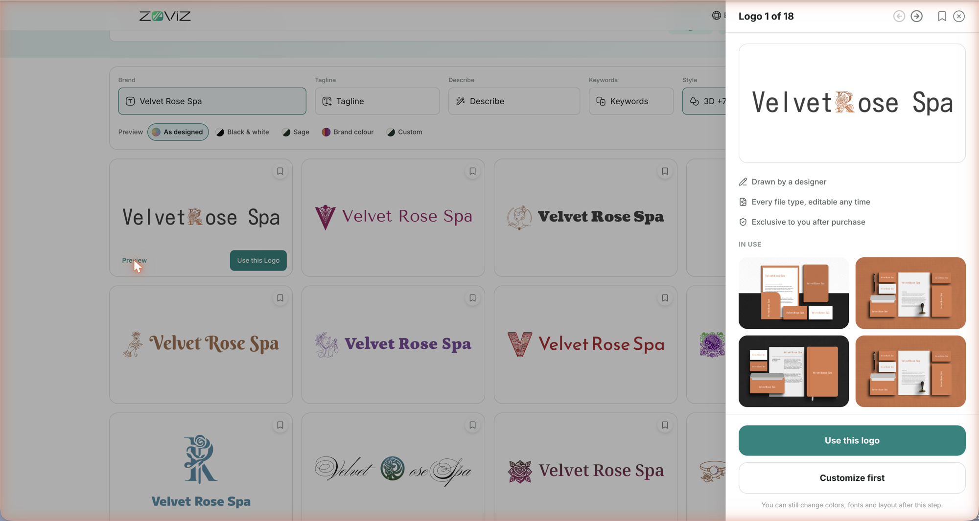 The detail panel — the logo in use, what's in its brand kit, and Use this logo / Customize first