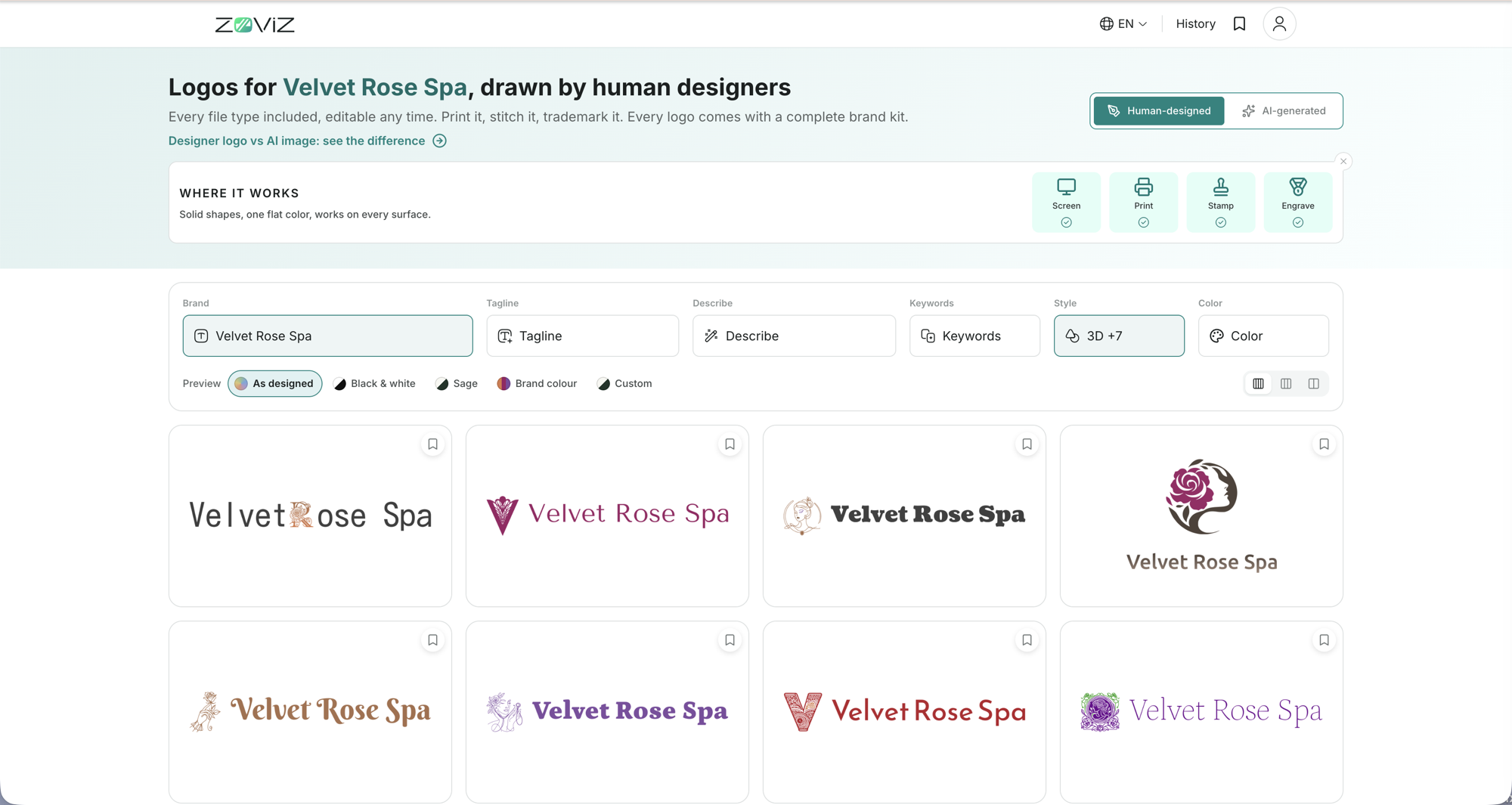The album — designer-drawn concepts for your brand name, with the filter bar, preview colorways, and a bookmark on every card