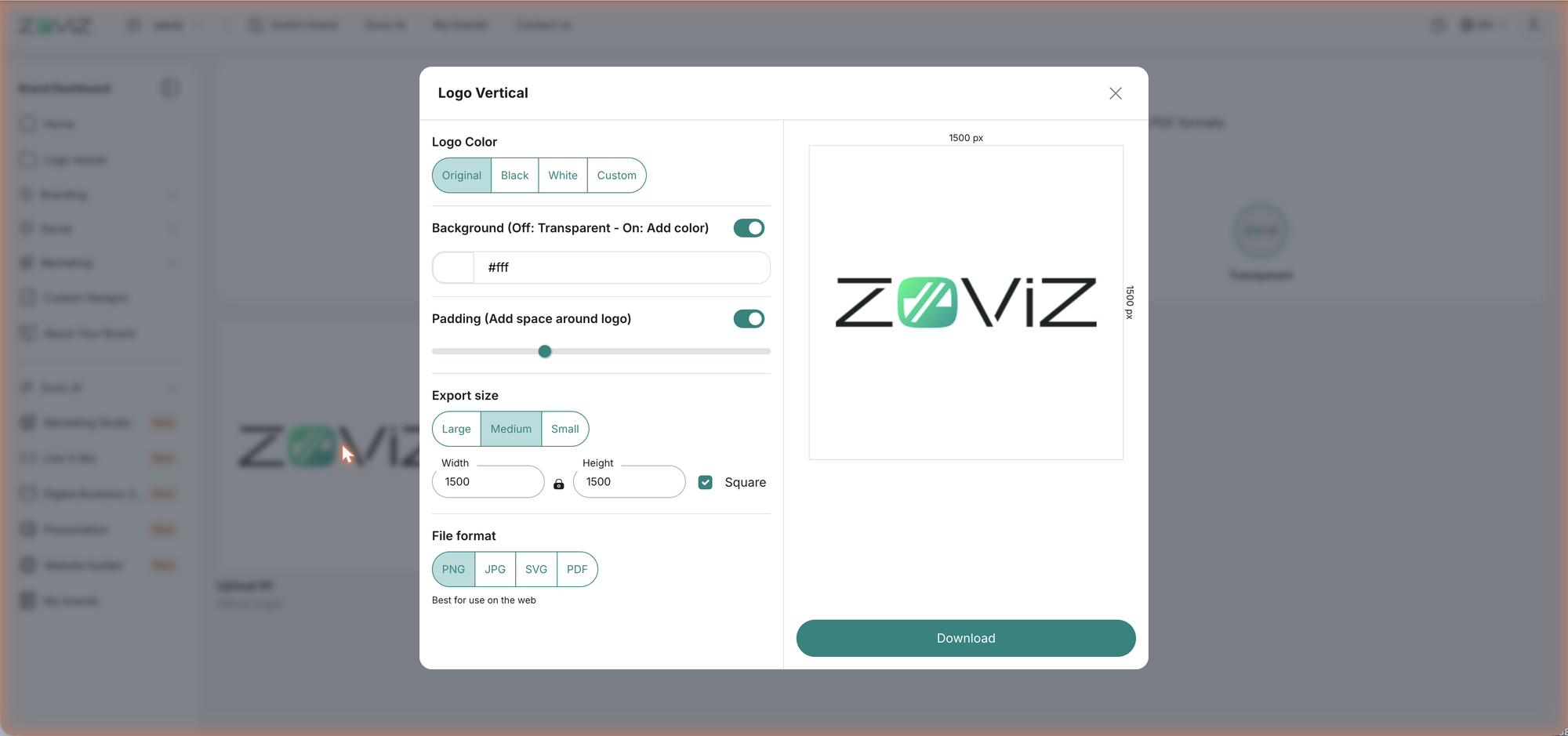 The download dialog — color, background, padding, size, and format
