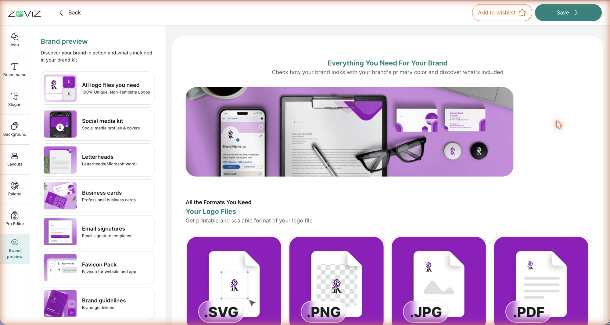 Brand preview — your brand mocked up with the current logo, and what's included