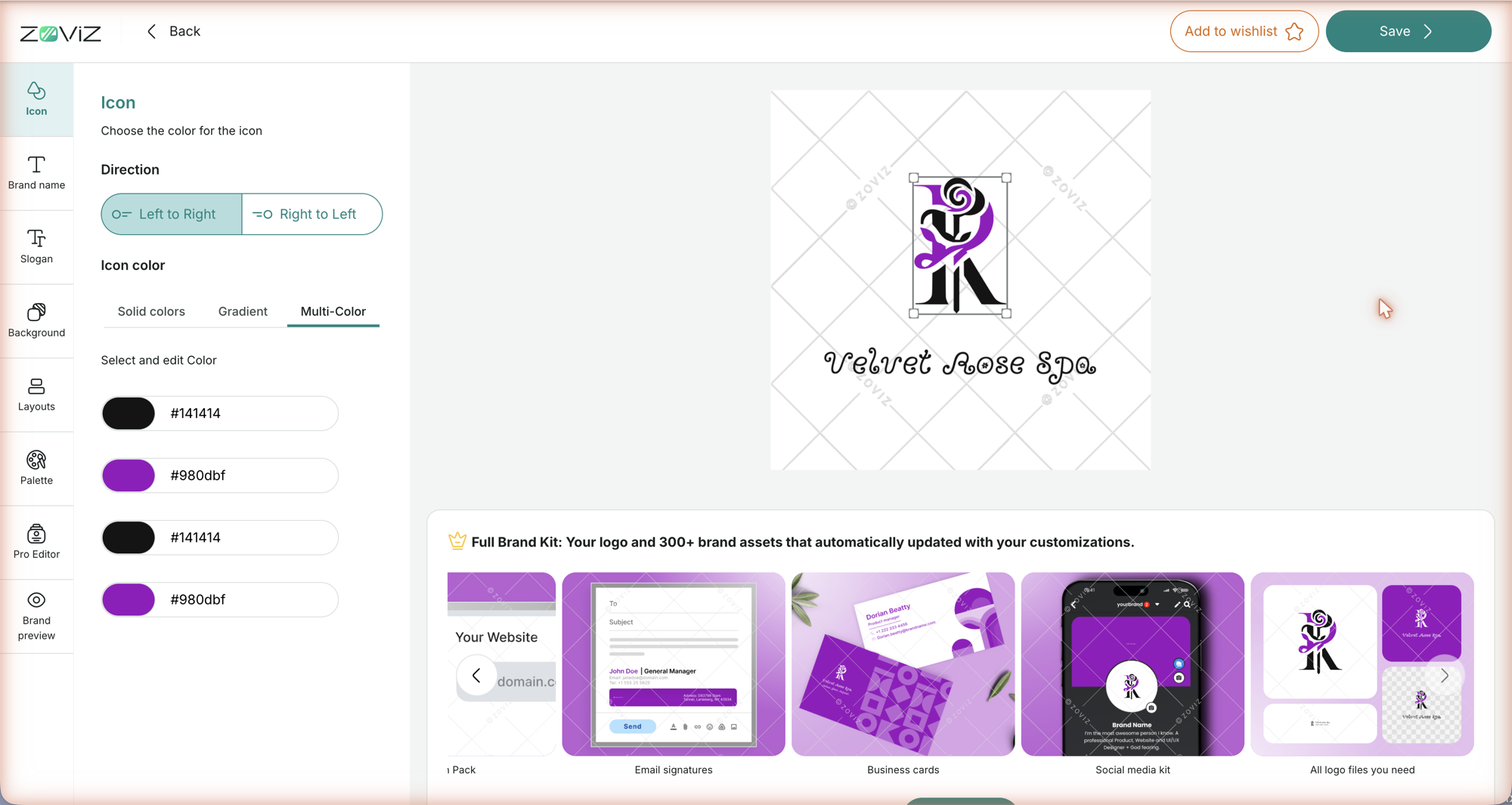 The logo editor — Icon panel: direction, Solid / Gradient / Multi-Color, with the logo on the canvas and the live Brand Kit strip below
