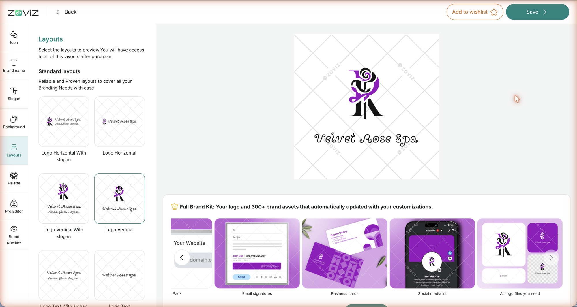 Layouts — standard layouts, previewed with your logo
