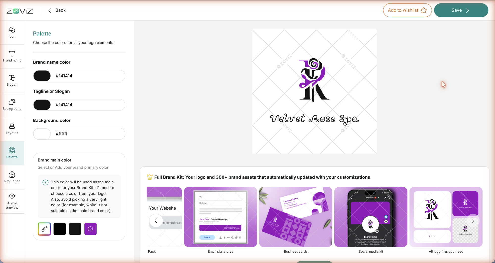 Palette — name, slogan and background colors, plus the brand main color