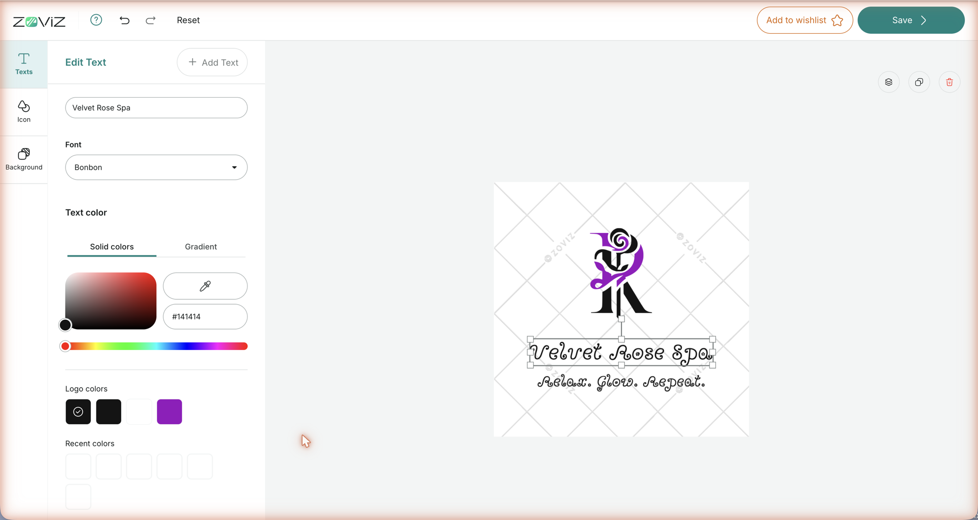The Pro editor — free-form canvas with Texts / Icon / Background panels, rotation and size