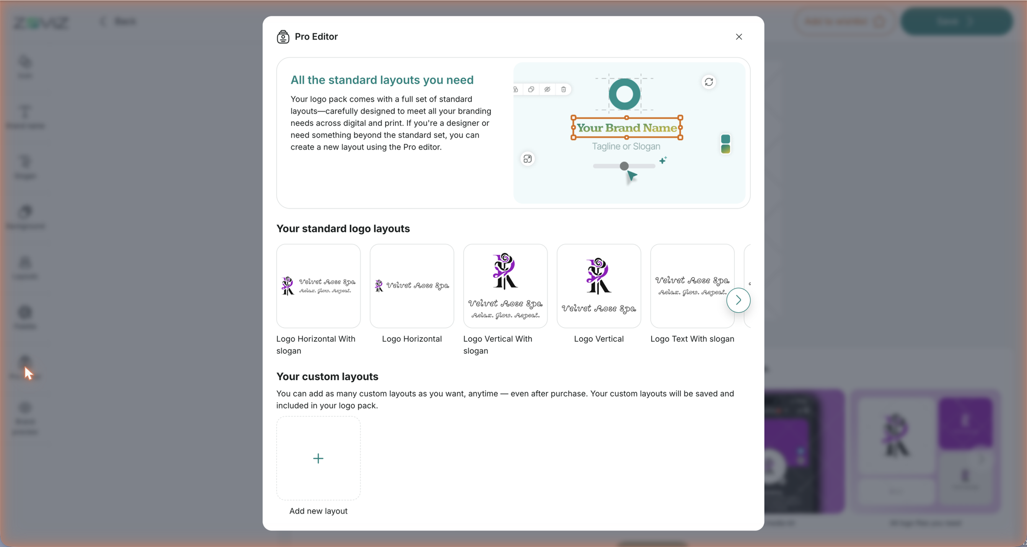 Pro Editor — standard layouts plus your own custom layouts