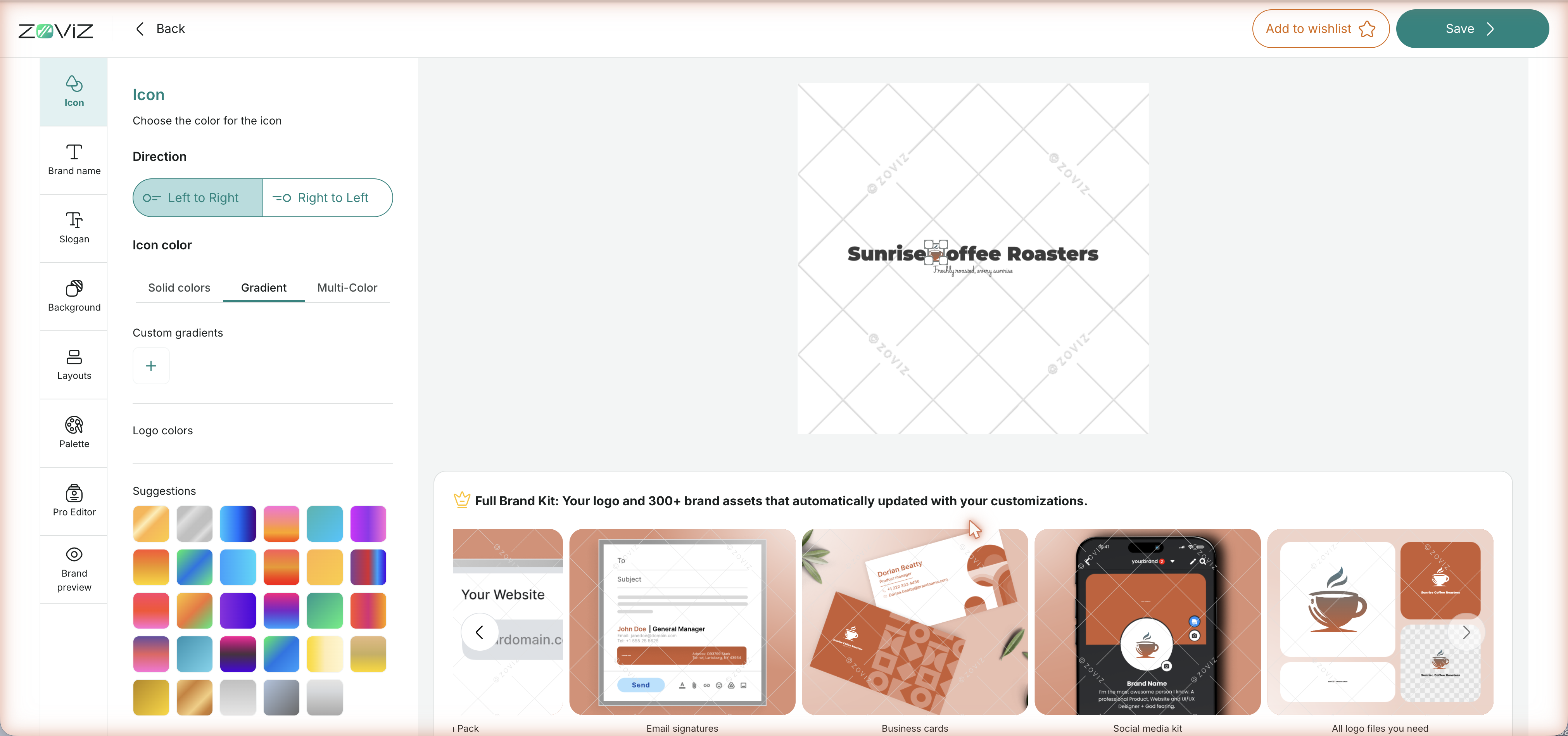 The logo editor — icon, name, slogan, background, layout, and palette tools