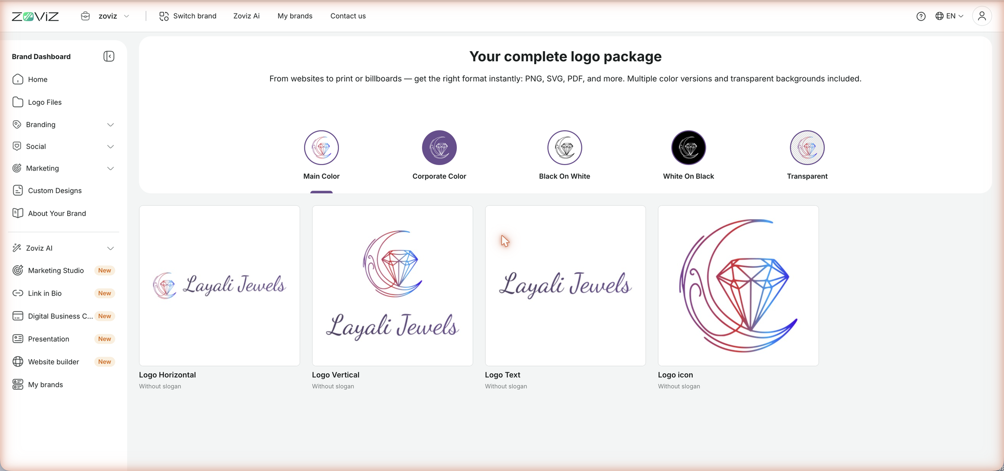 A Zoviz-designed logo — five color versions, four layouts