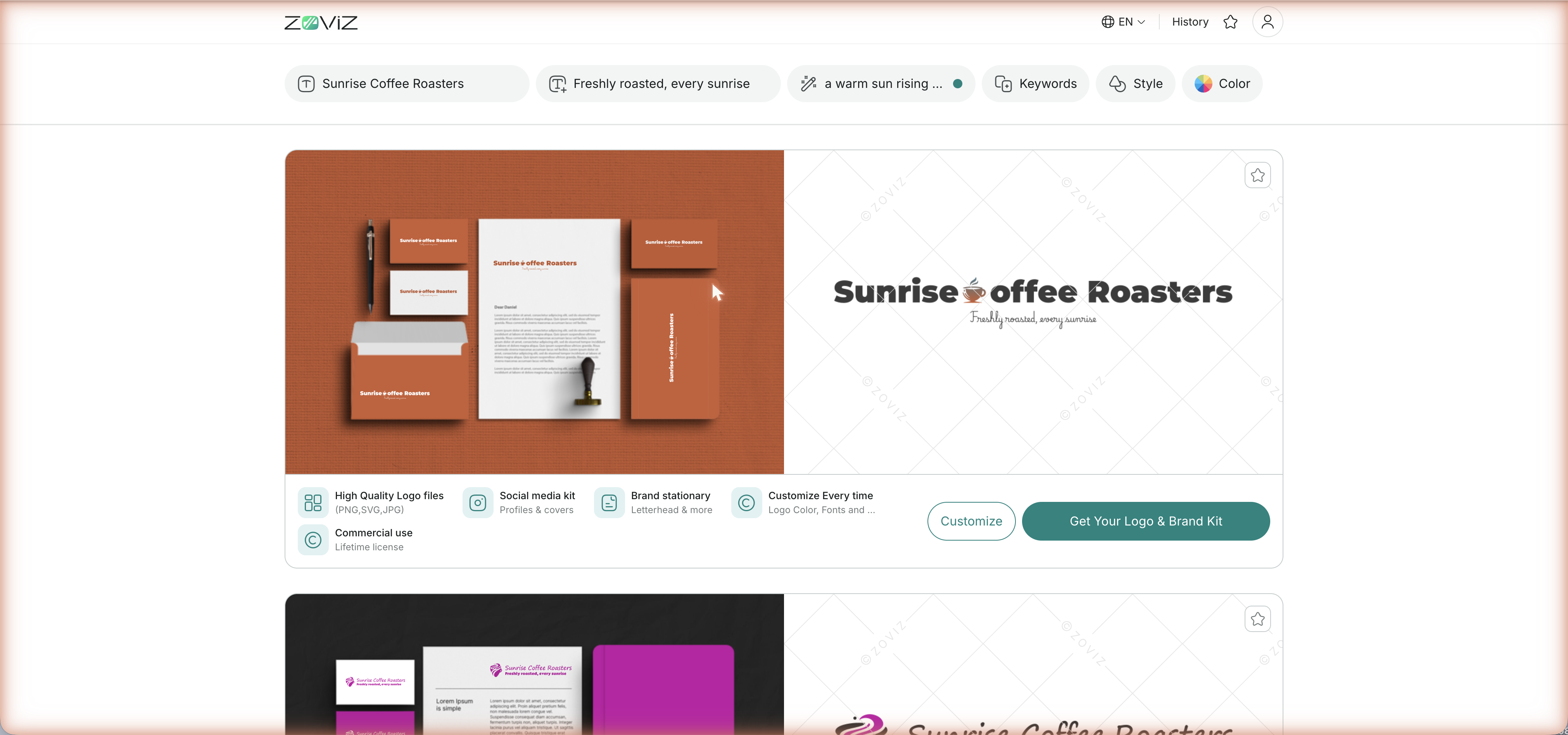 Browse generated logo concepts — filter by keyword, style, or color