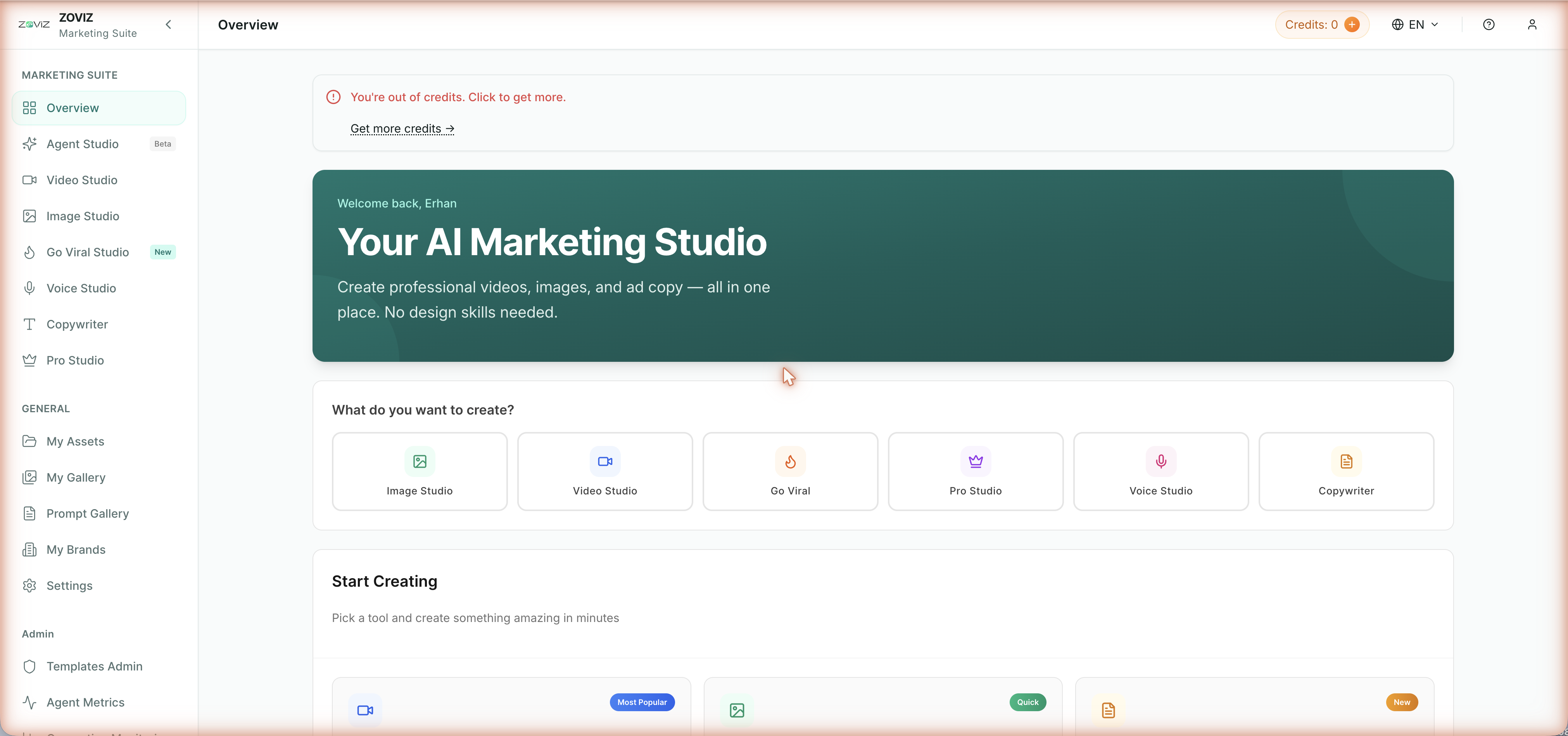Marketing Studio home — sub-studios and the "What do you want to create?" launcher