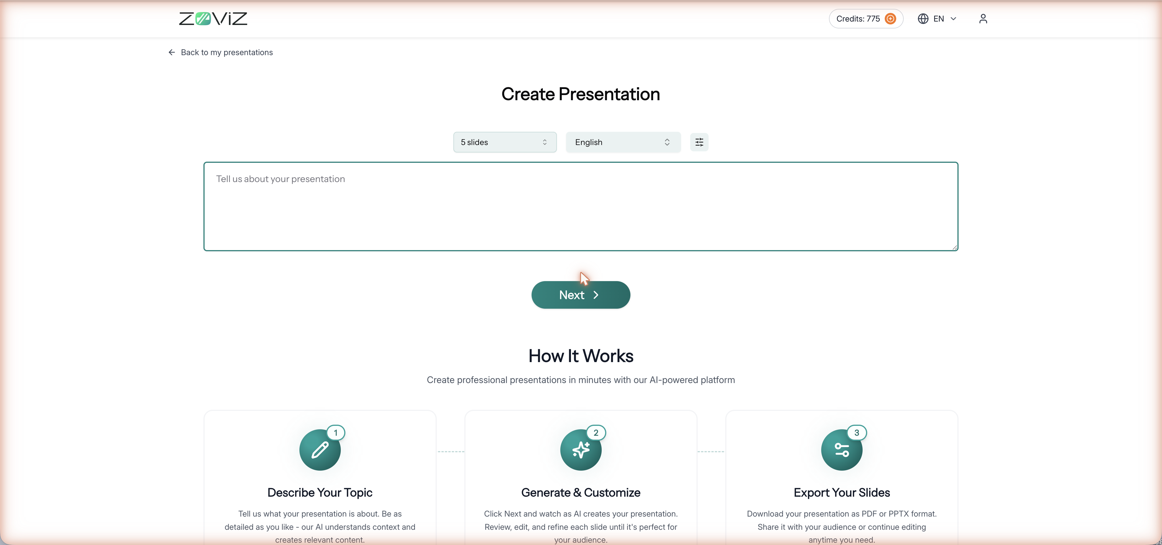 Create Presentation — slide count, language, and your topic