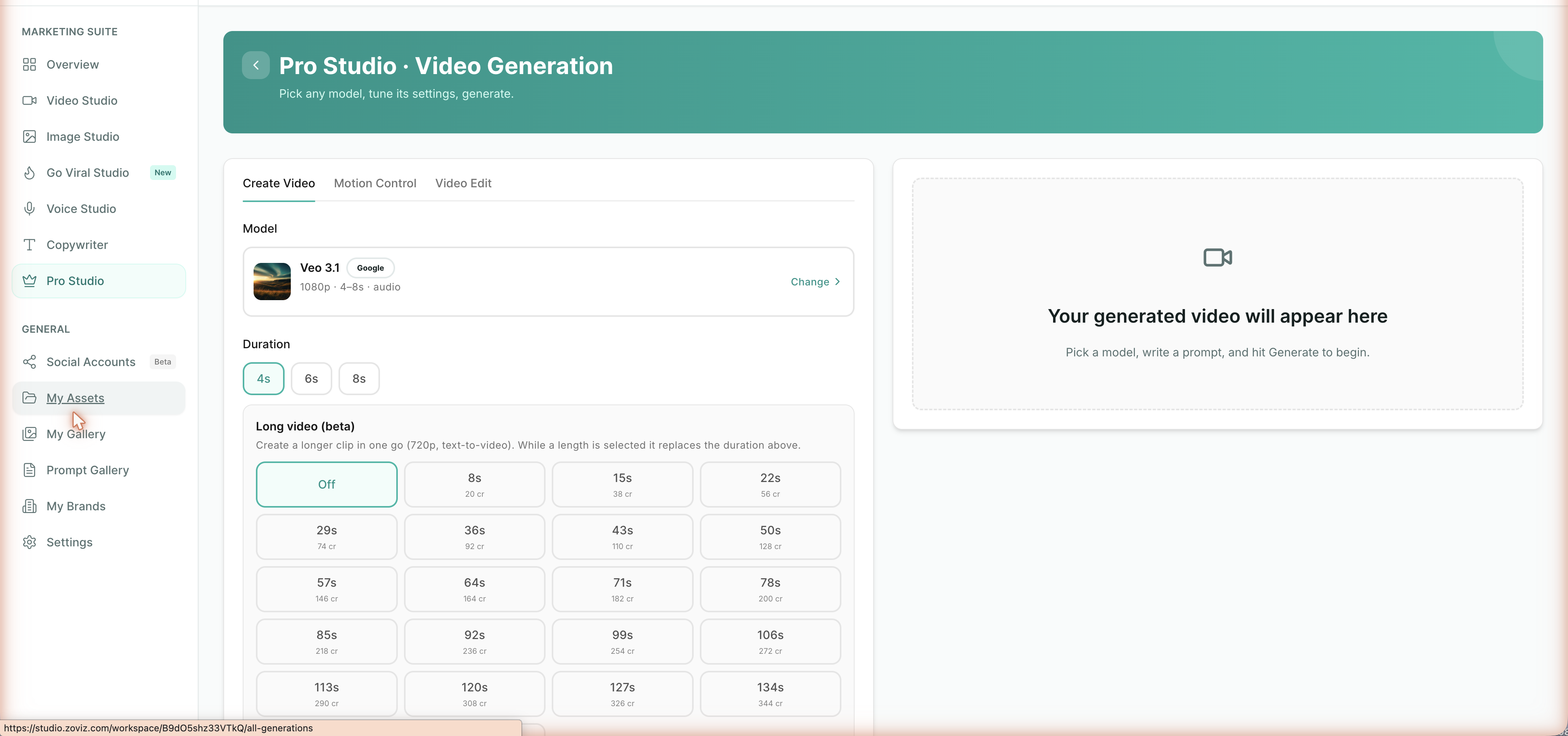 Pro Studio — model picker, duration, and long-video options with per-duration credit costs