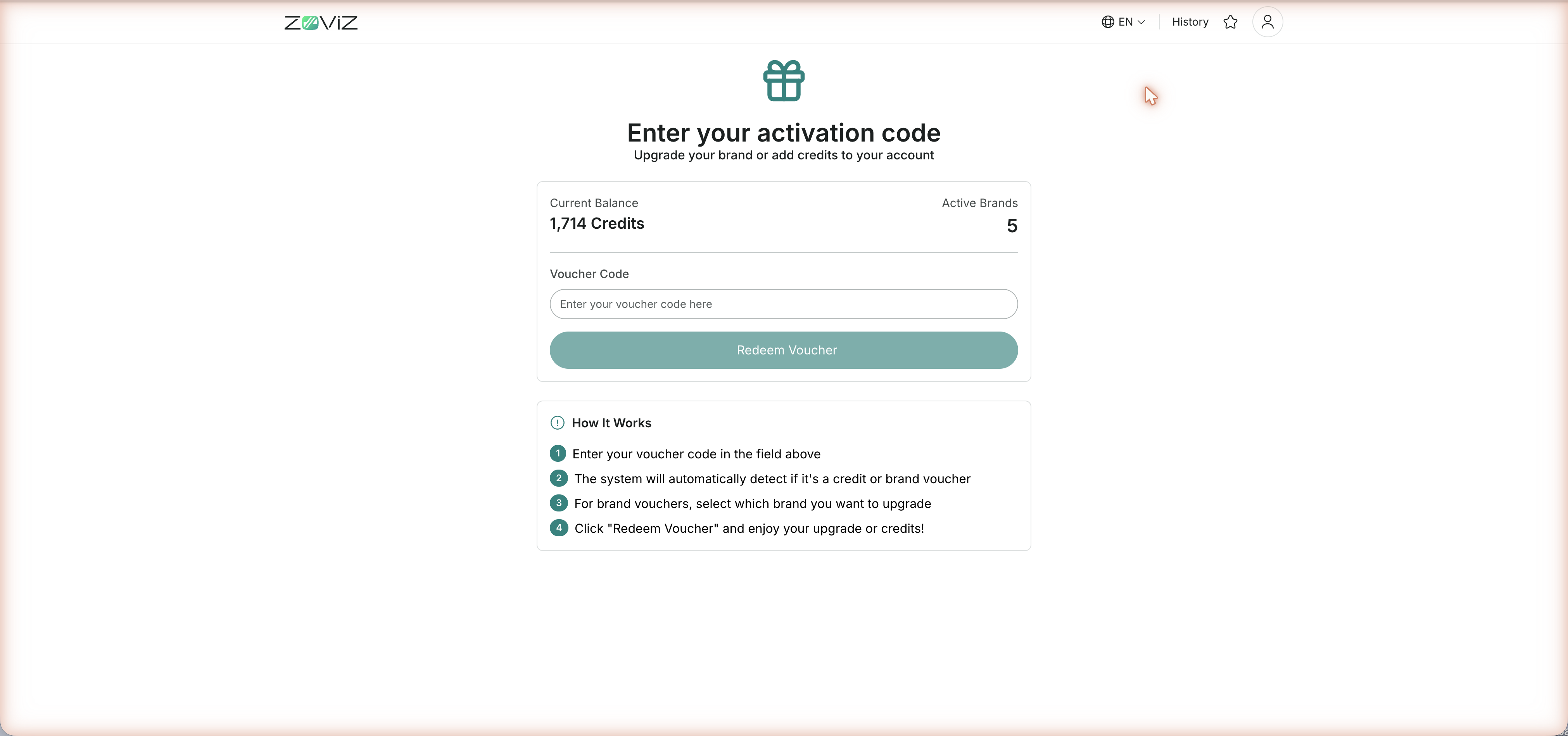 The redeem screen — with a built-in How It Works guide