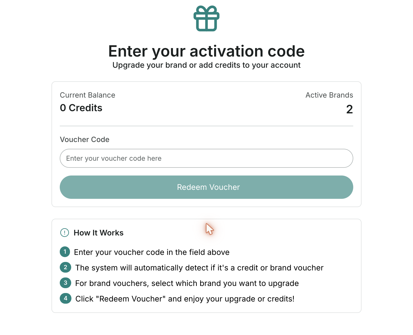 Redeeming a voucher — the system auto-detects credit vs. brand vouchers