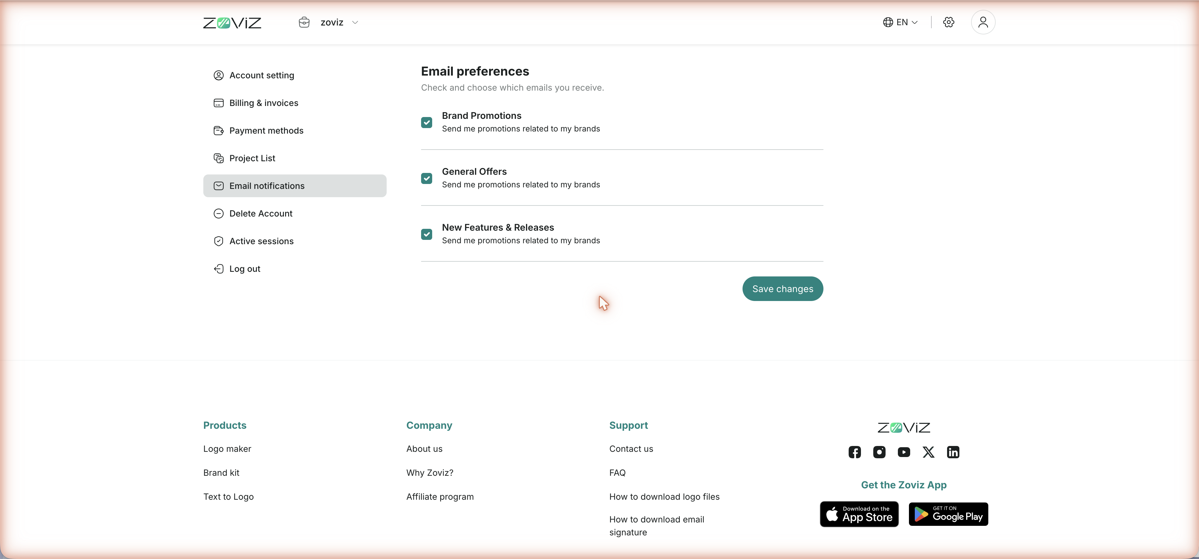 Email preferences — three marketing categories, each with a toggle