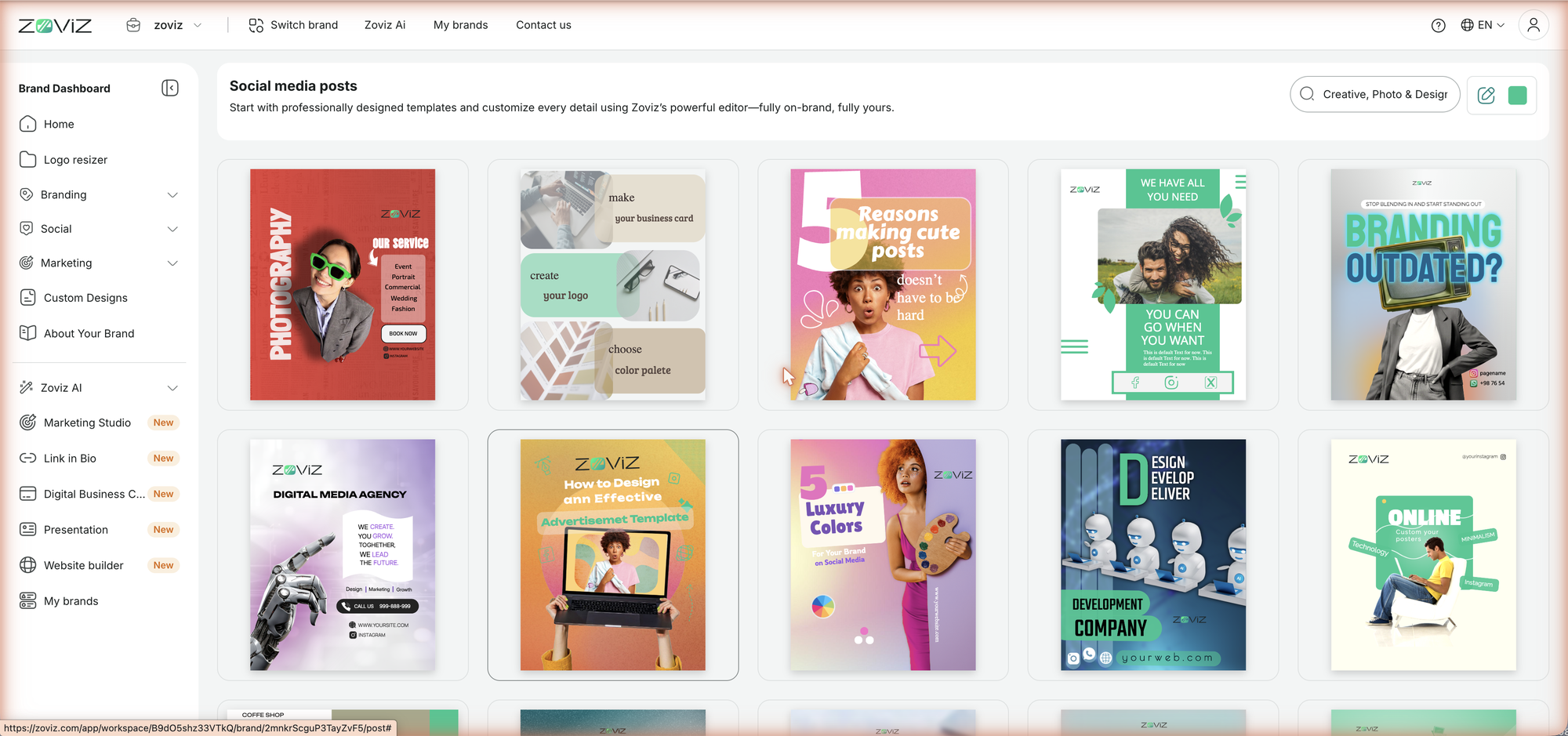The Social Posts template gallery — every template already in your brand