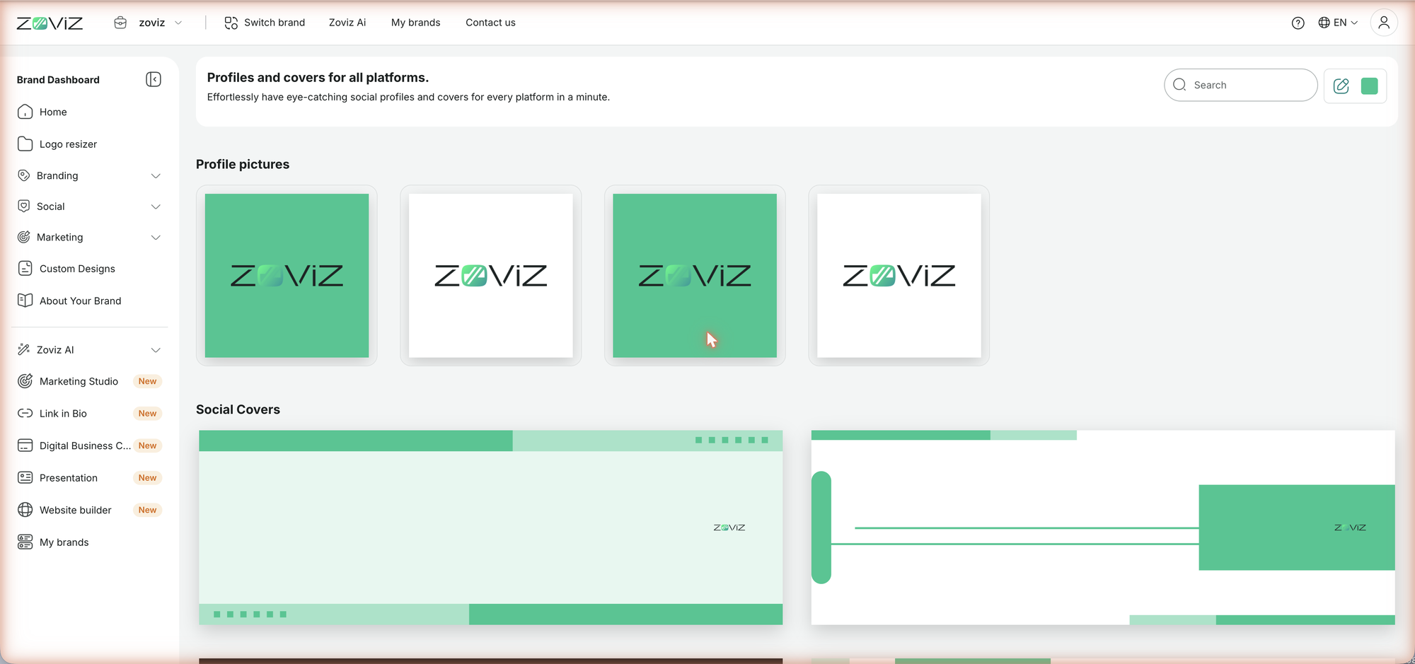 Profiles and covers — both sections, already in your brand